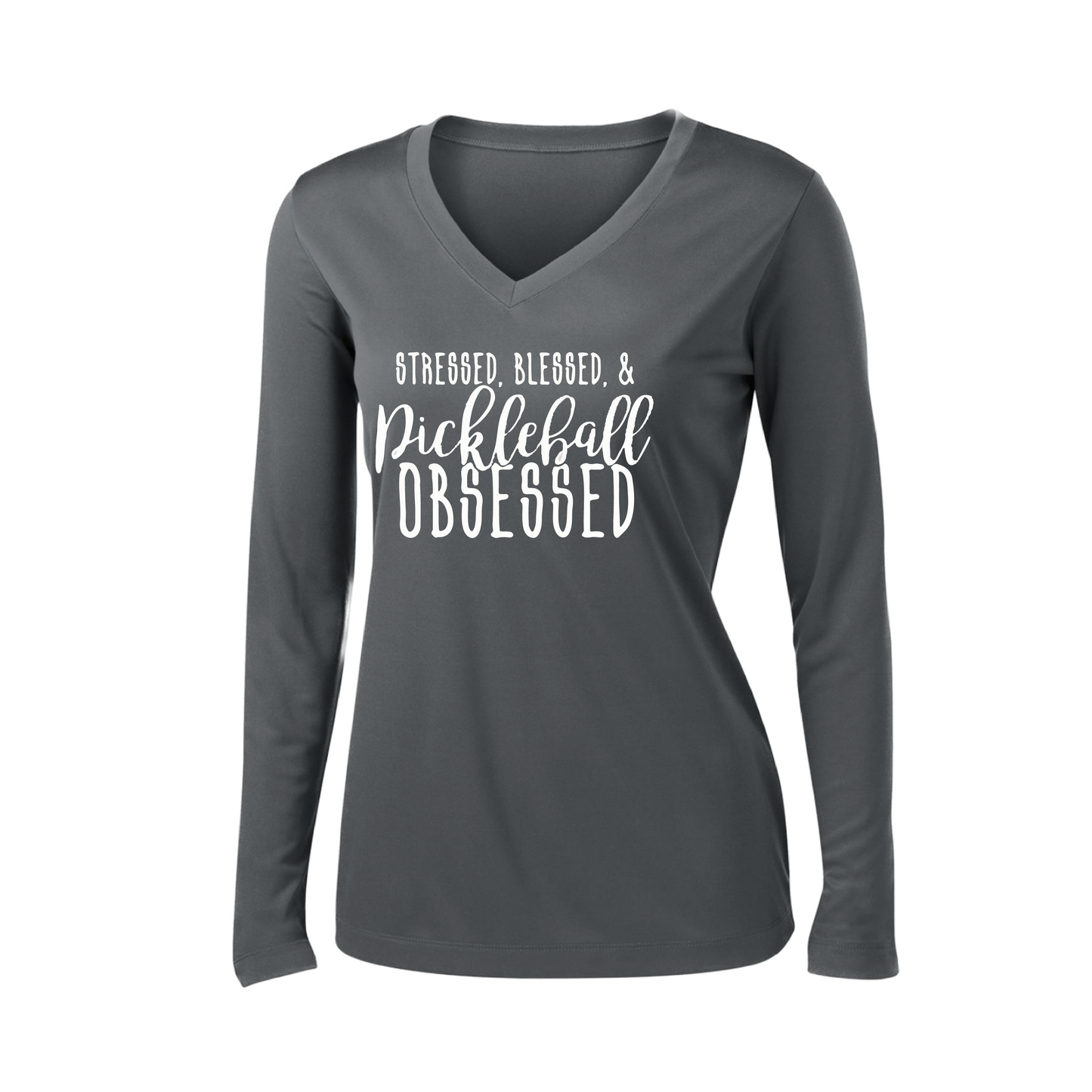 Stressed Blessed & Pickleball Obsessed | Women’s Long Sleeve V-Neck Shirt | 100% Polyester