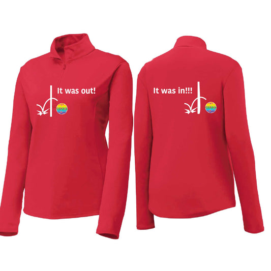 It Was Out! It Was In! (Pickleballs Pink Purple Rainbow) | Women's 1/4 Zip Pickleball Performance Pullover Shirt | 100% Polyester
