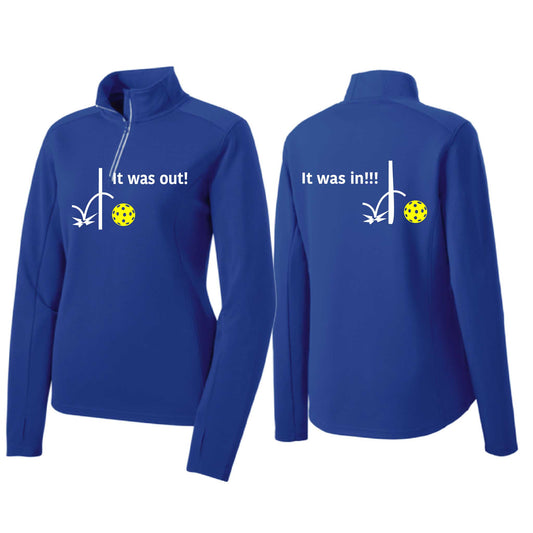 It Was Out! It Was In! (Pickleballs Red White Yellow) | Women's 1/4 Zip Pickleball Performance Pullover Shirt | 100% Polyester
