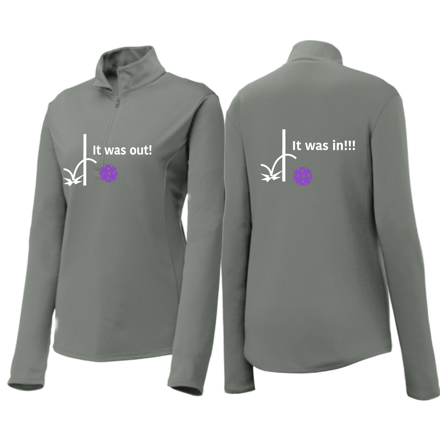 It Was Out! It Was In! (Pickleballs Pink Purple Rainbow) | Women's 1/4 Zip Pickleball Pullover | 100% Polyester