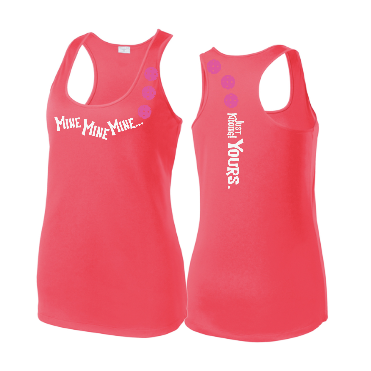 Mine JK Yours (Pickleballs Pink Purple Rainbow) | Women's Racerback Pickleball Tank | 100% Polyester