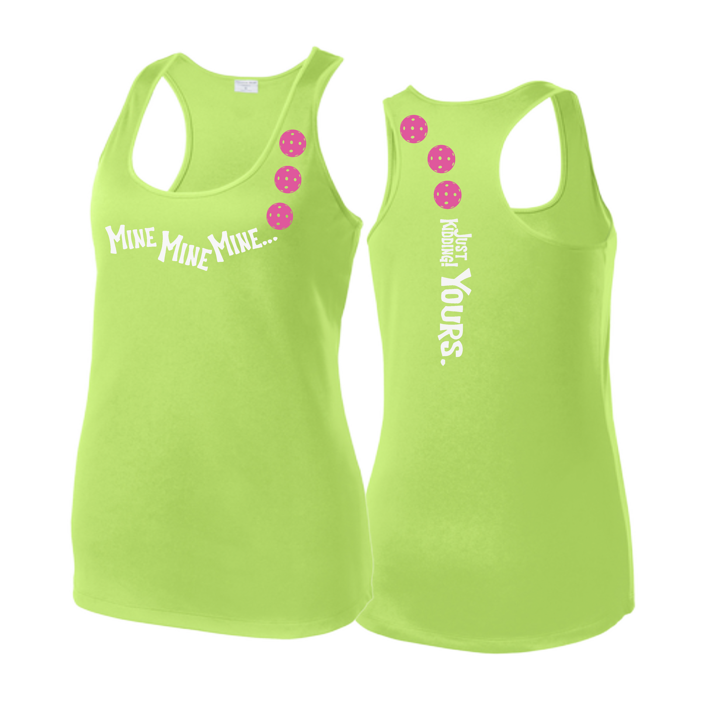 Mine JK Yours (Pickleballs Pink Purple Rainbow) | Women's Racerback Pickleball Tank | 100% Polyester