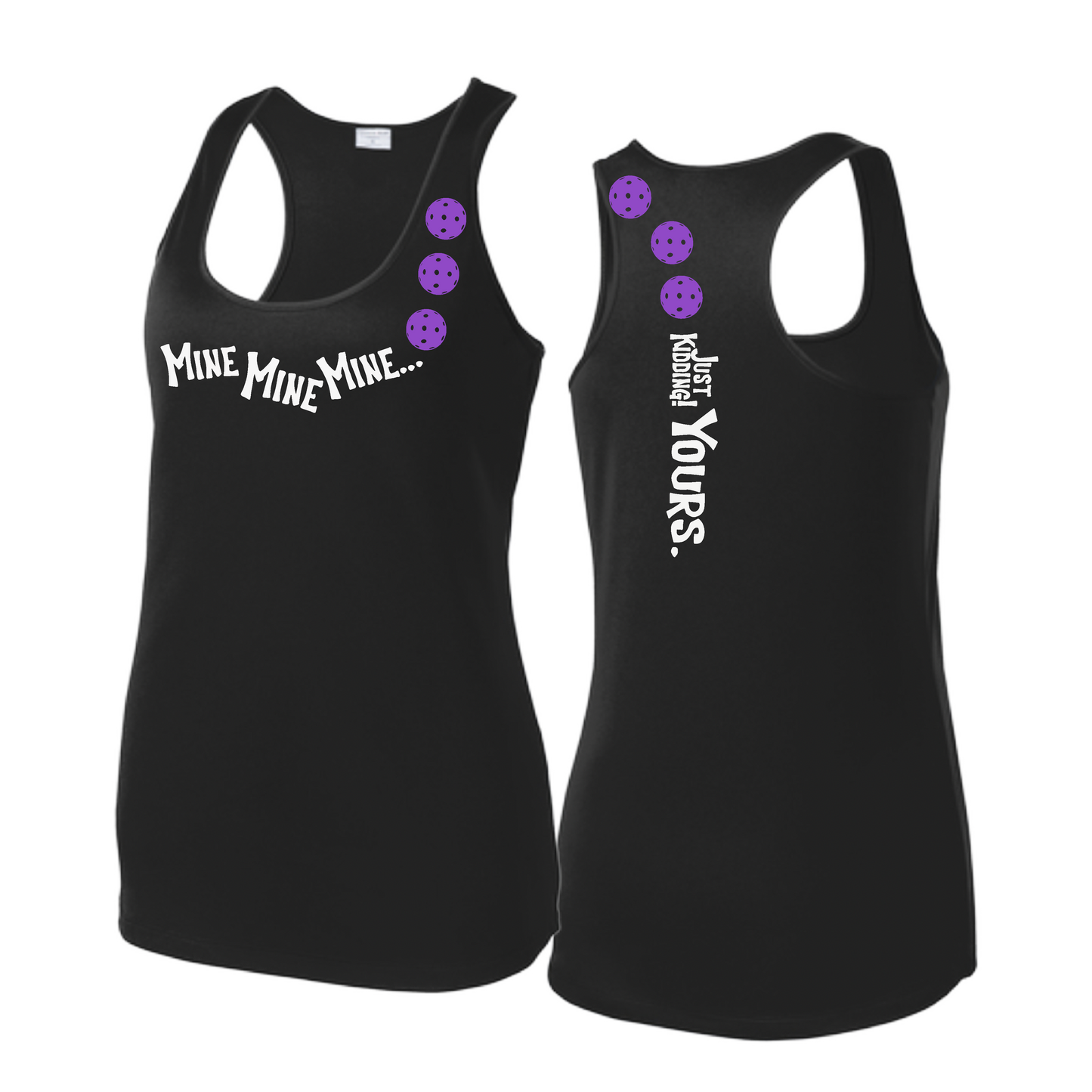 Mine JK Yours (Pickleballs Pink Purple Rainbow) | Women's Racerback Pickleball Tank | 100% Polyester