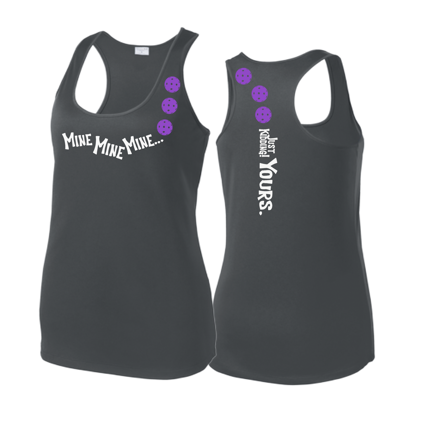 Mine JK Yours (Pickleballs Pink Purple Rainbow) | Women's Racerback Pickleball Tank | 100% Polyester