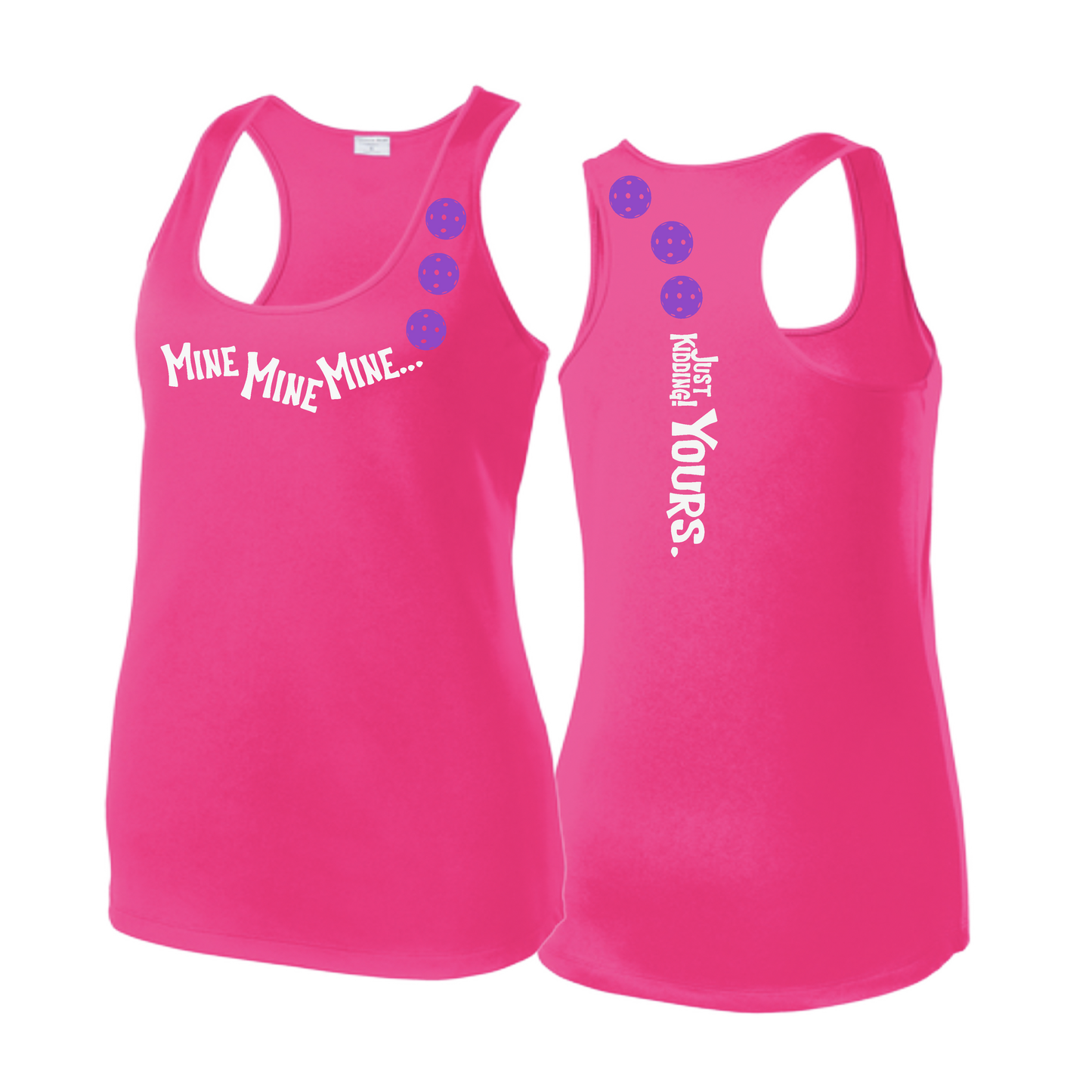 Mine JK Yours (Pickleballs Pink Purple Rainbow) | Women's Racerback Pickleball Tank | 100% Polyester