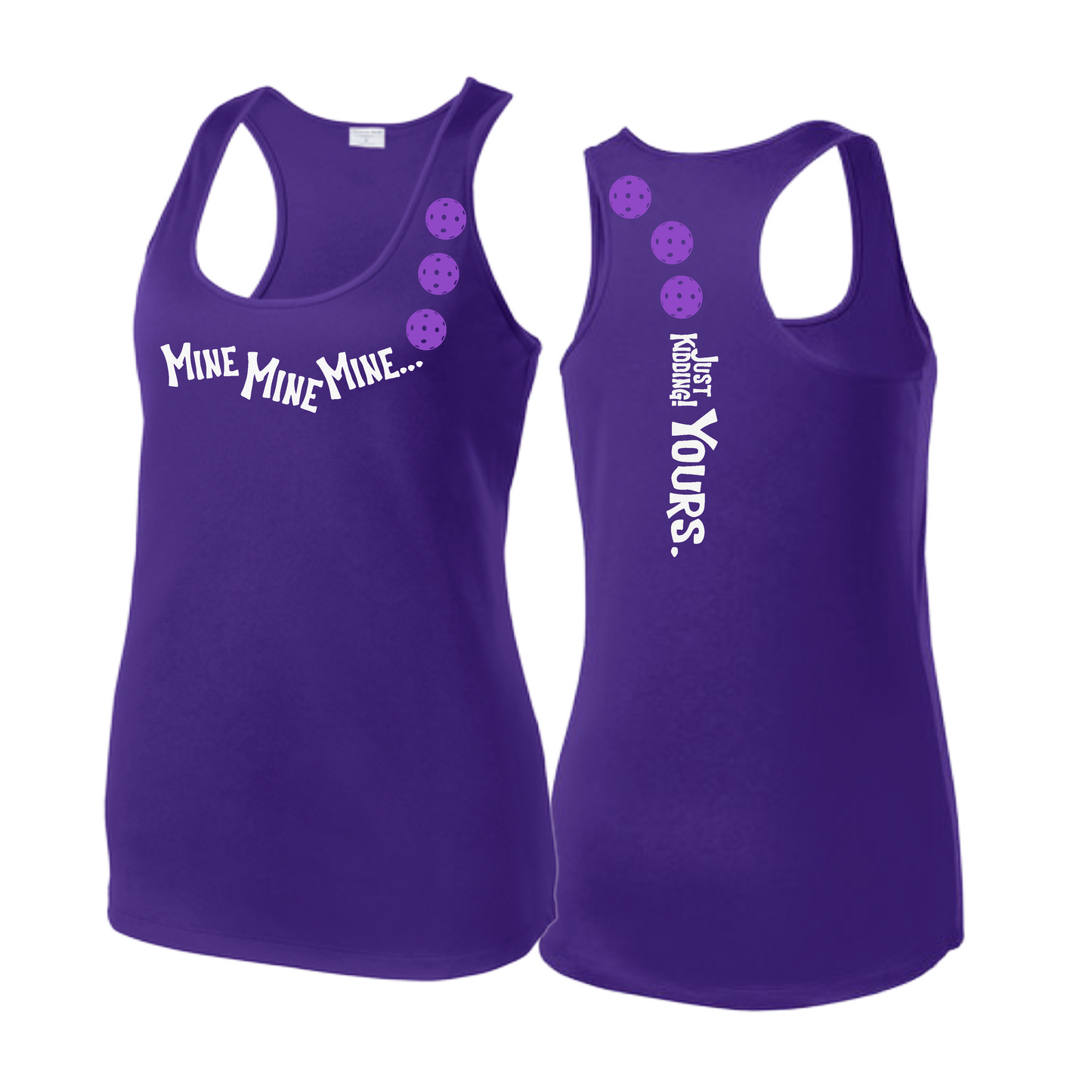 Mine JK Yours (Pickleballs Pink Purple Rainbow) | Women's Racerback Pickleball Tank | 100% Polyester