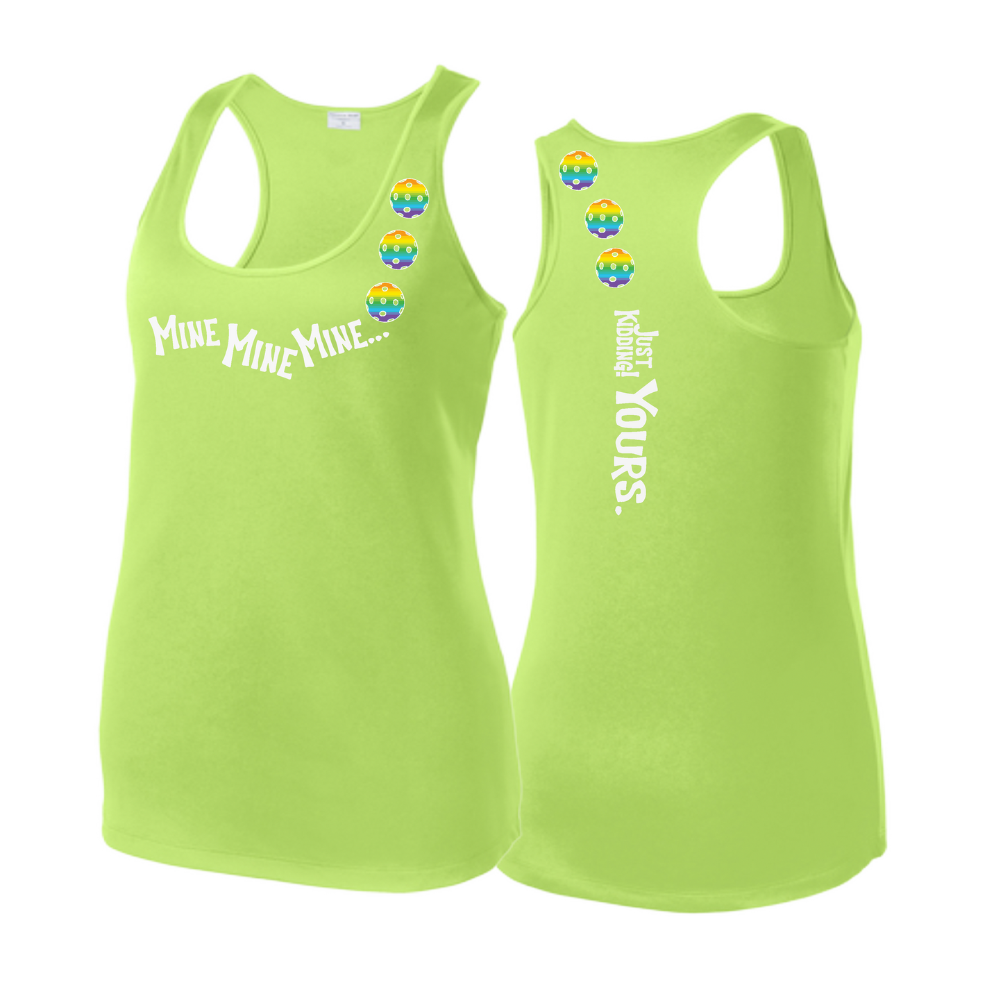 Mine JK Yours (Pickleballs Pink Purple Rainbow) | Women's Racerback Pickleball Tank | 100% Polyester