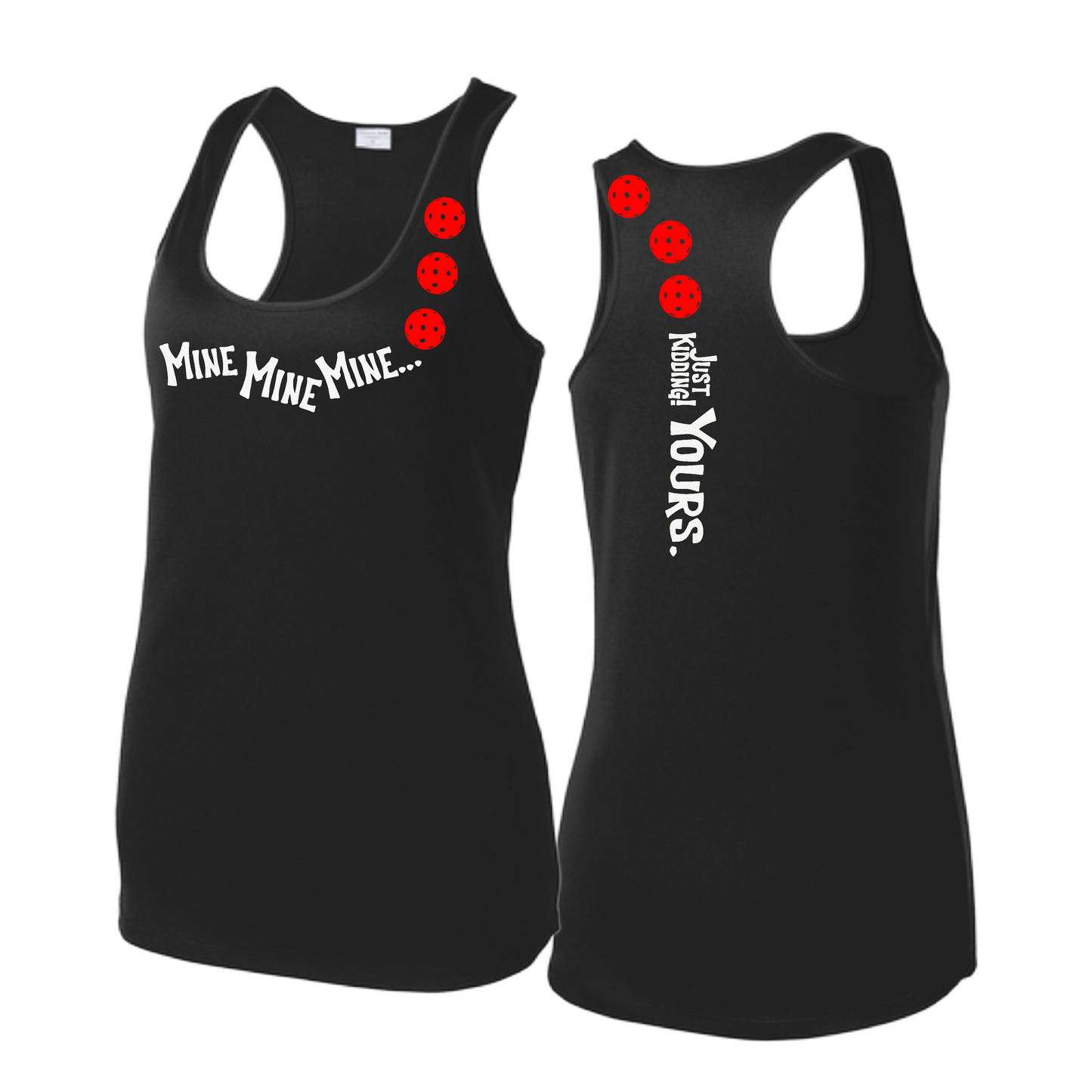 Mine JK Yours (Pickleballs Red White Yellow) | Women's Racerback Pickleball Tank | 100% Polyester