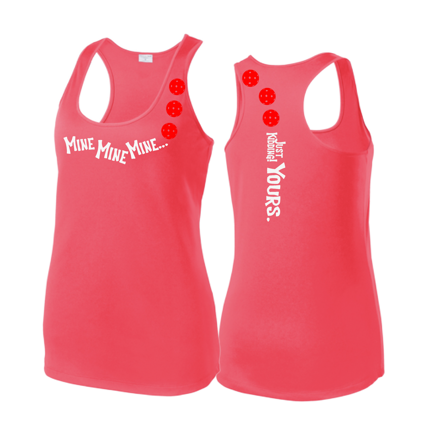 Mine JK Yours (Pickleballs Red White Yellow) | Women's Racerback Pickleball Tank | 100% Polyester