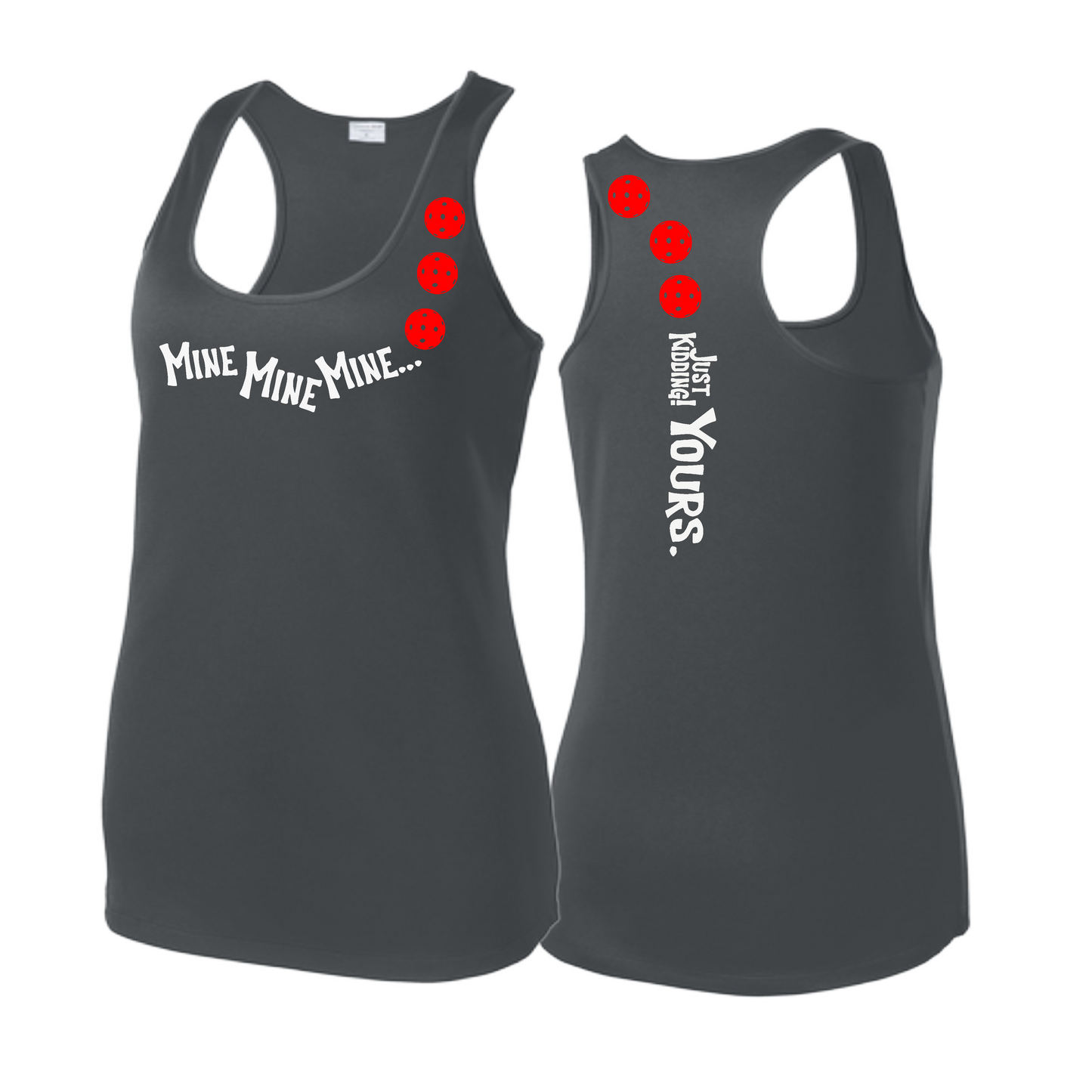 Mine JK Yours (Pickleballs Red White Yellow) | Women's Racerback Pickleball Tank | 100% Polyester