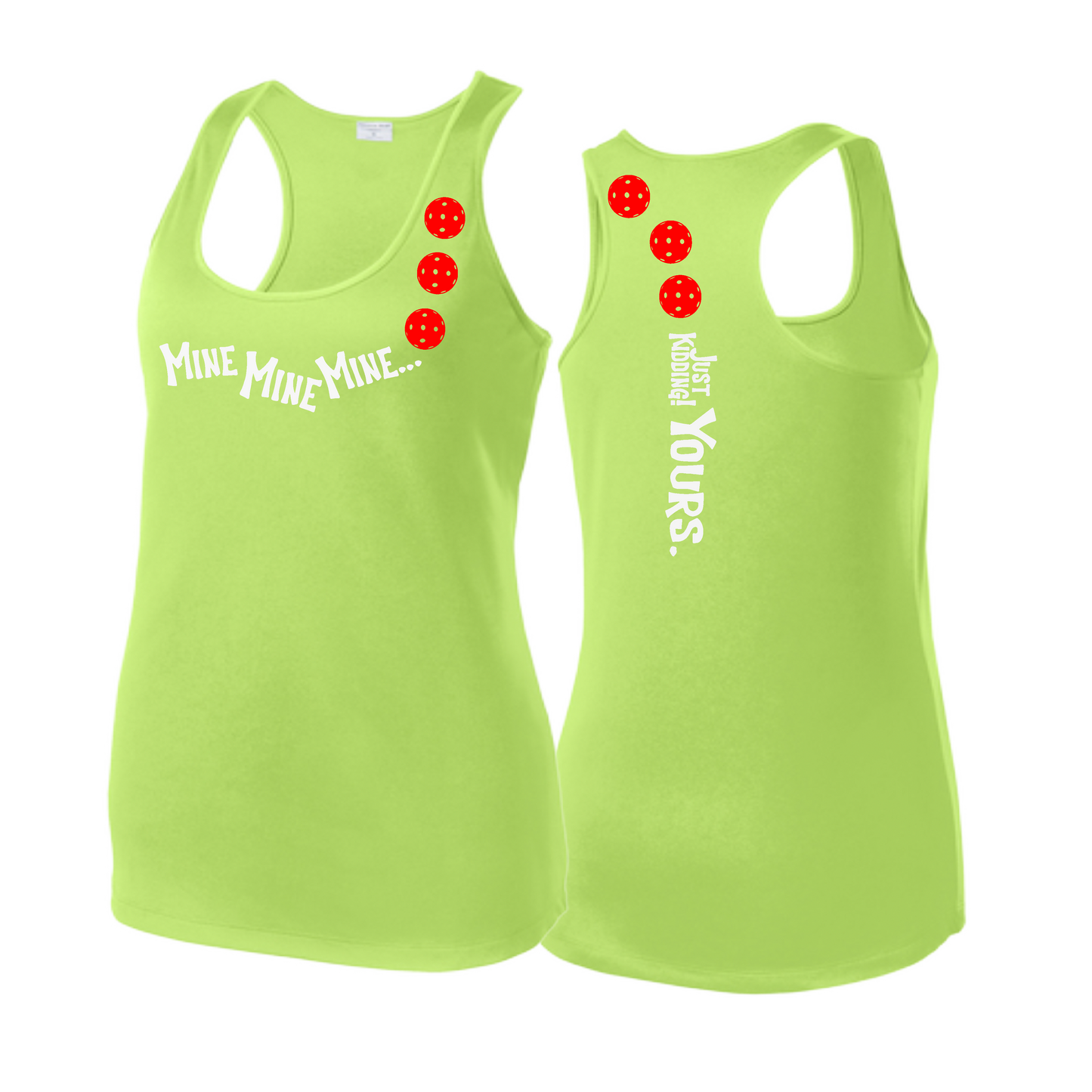 Mine JK Yours (Pickleballs Red White Yellow) | Women's Racerback Pickleball Tank | 100% Polyester