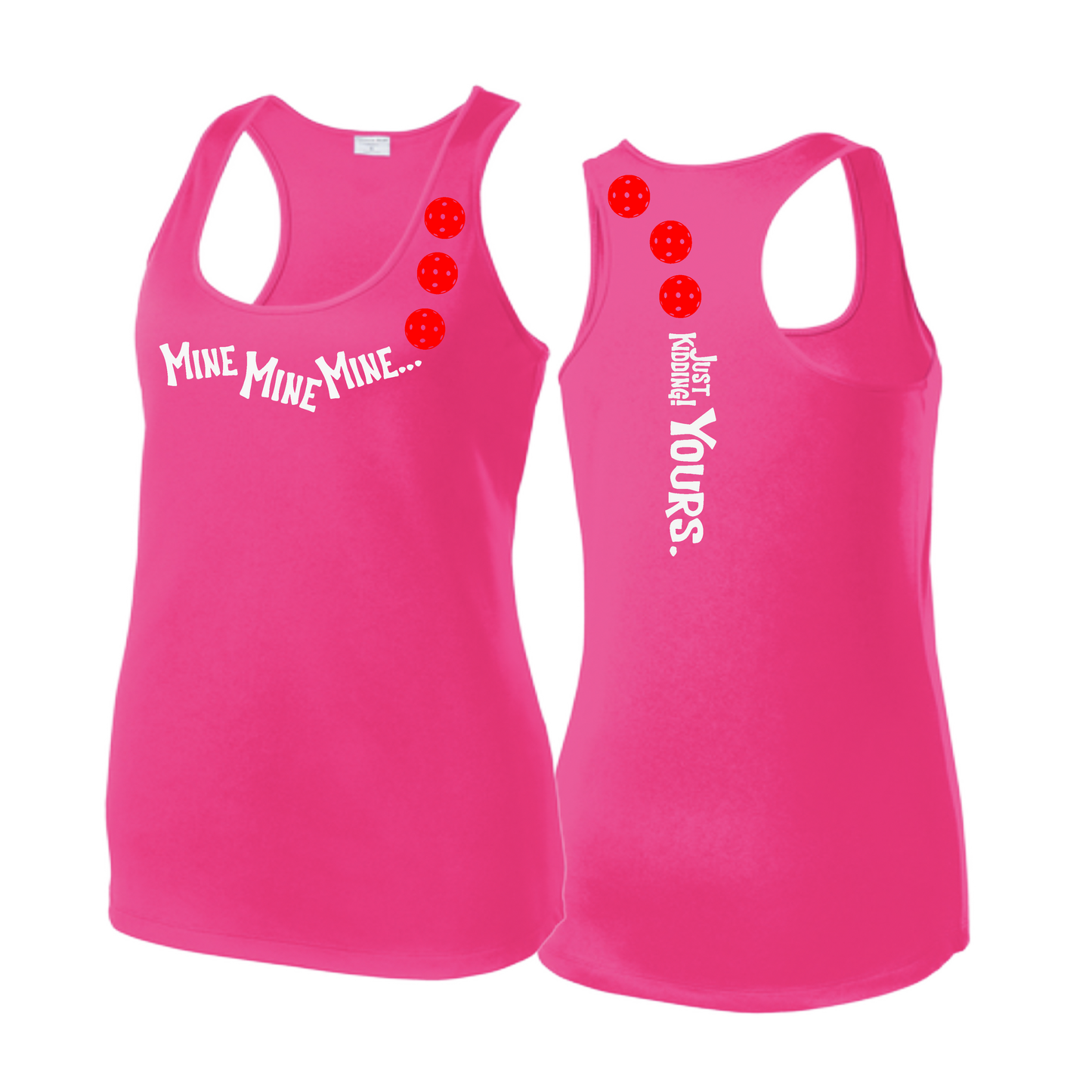 Mine JK Yours (Pickleballs Red White Yellow) | Women's Racerback Pickleball Tank | 100% Polyester