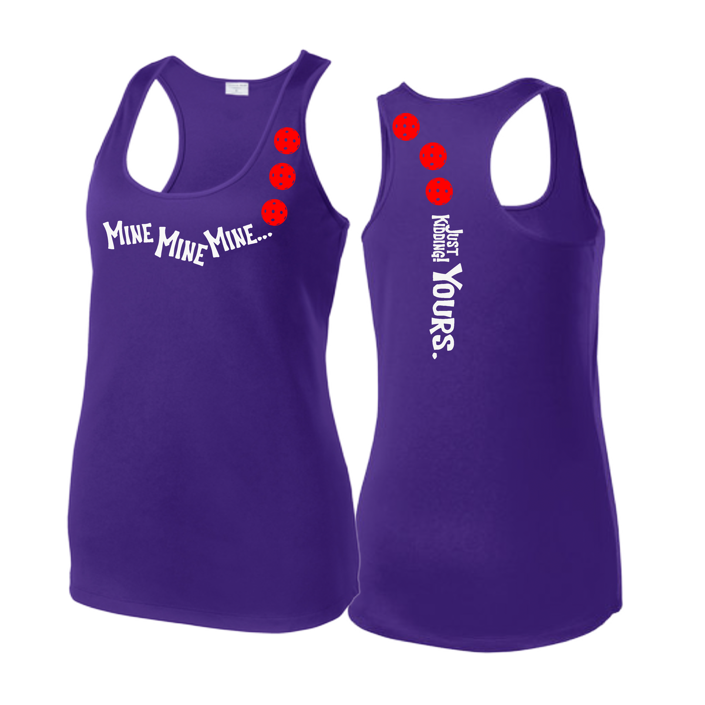 Mine JK Yours (Pickleballs Red White Yellow) | Women's Racerback Pickleball Tank | 100% Polyester