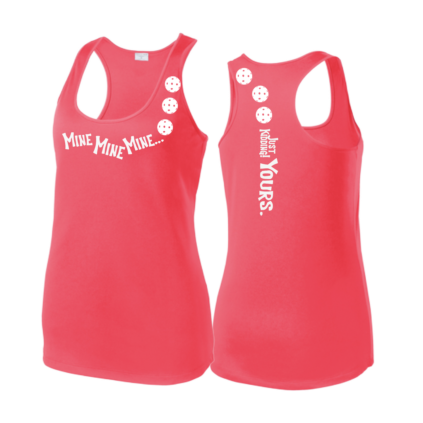 Mine JK Yours (Pickleballs Red White Yellow) | Women's Racerback Pickleball Tank | 100% Polyester