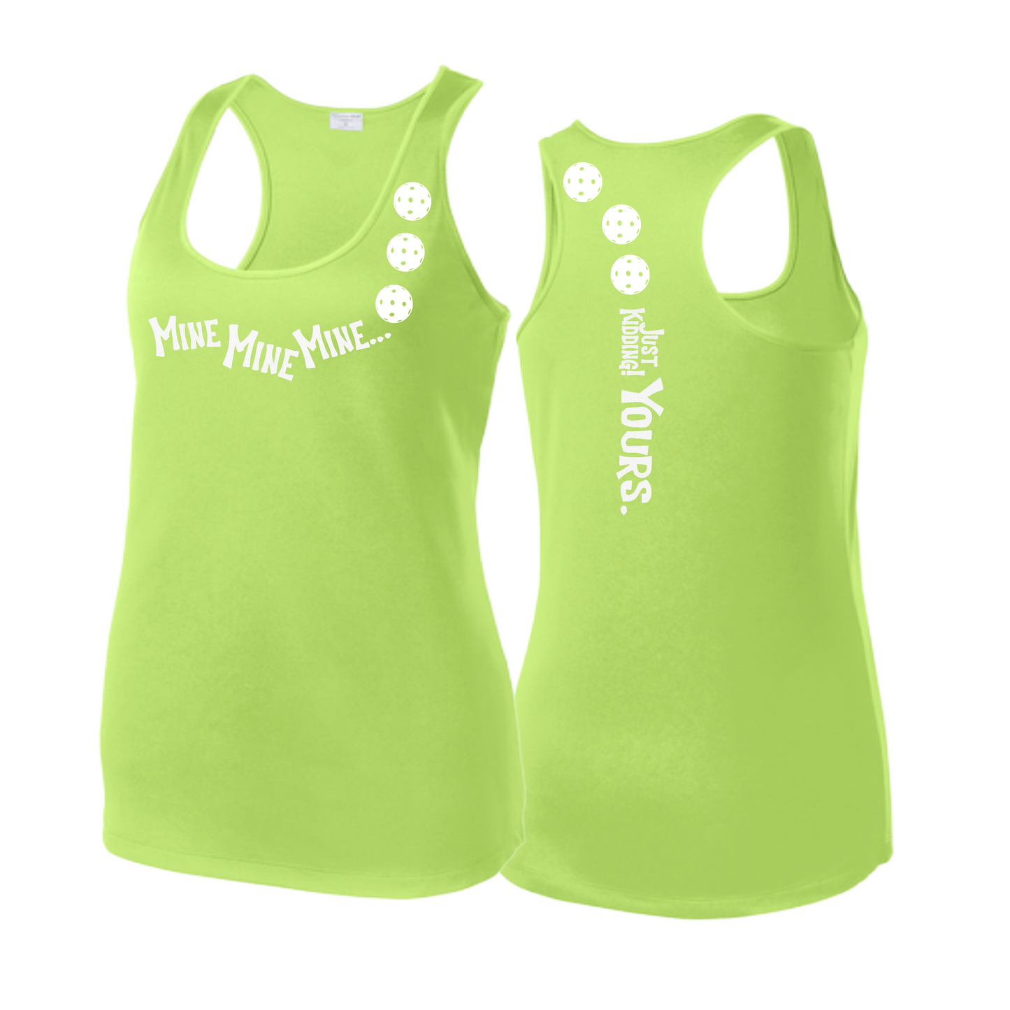 Mine JK Yours (Pickleballs Red White Yellow) | Women's Racerback Pickleball Tank | 100% Polyester