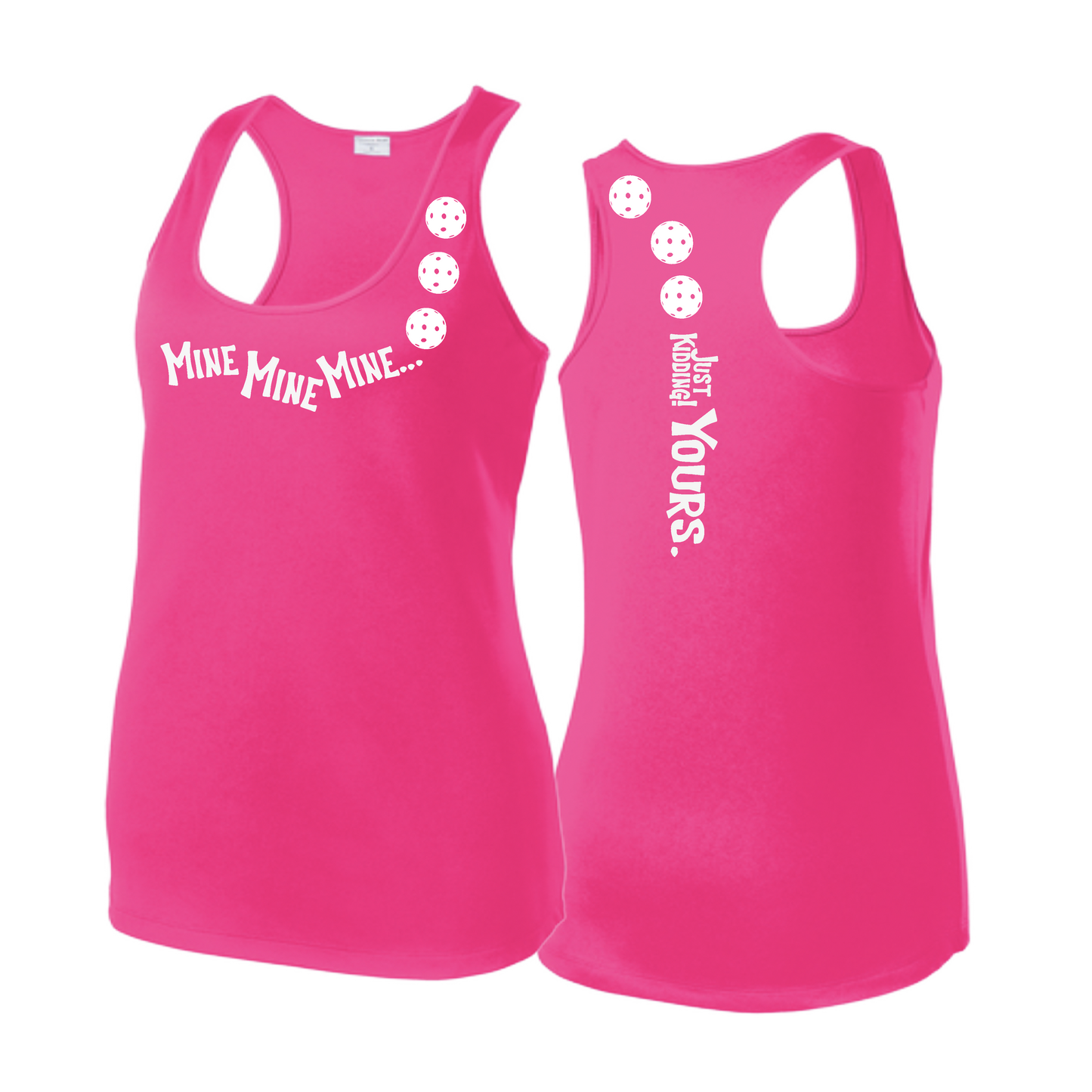 Mine JK Yours (Pickleballs Red White Yellow) | Women's Racerback Pickleball Tank | 100% Polyester