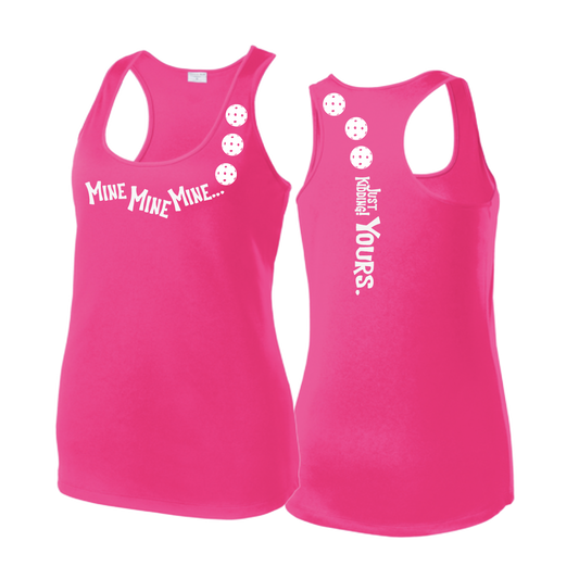 Mine JK Yours (Pickleballs Red White Yellow) | Women's Racerback Pickleball Tank | 100% Polyester