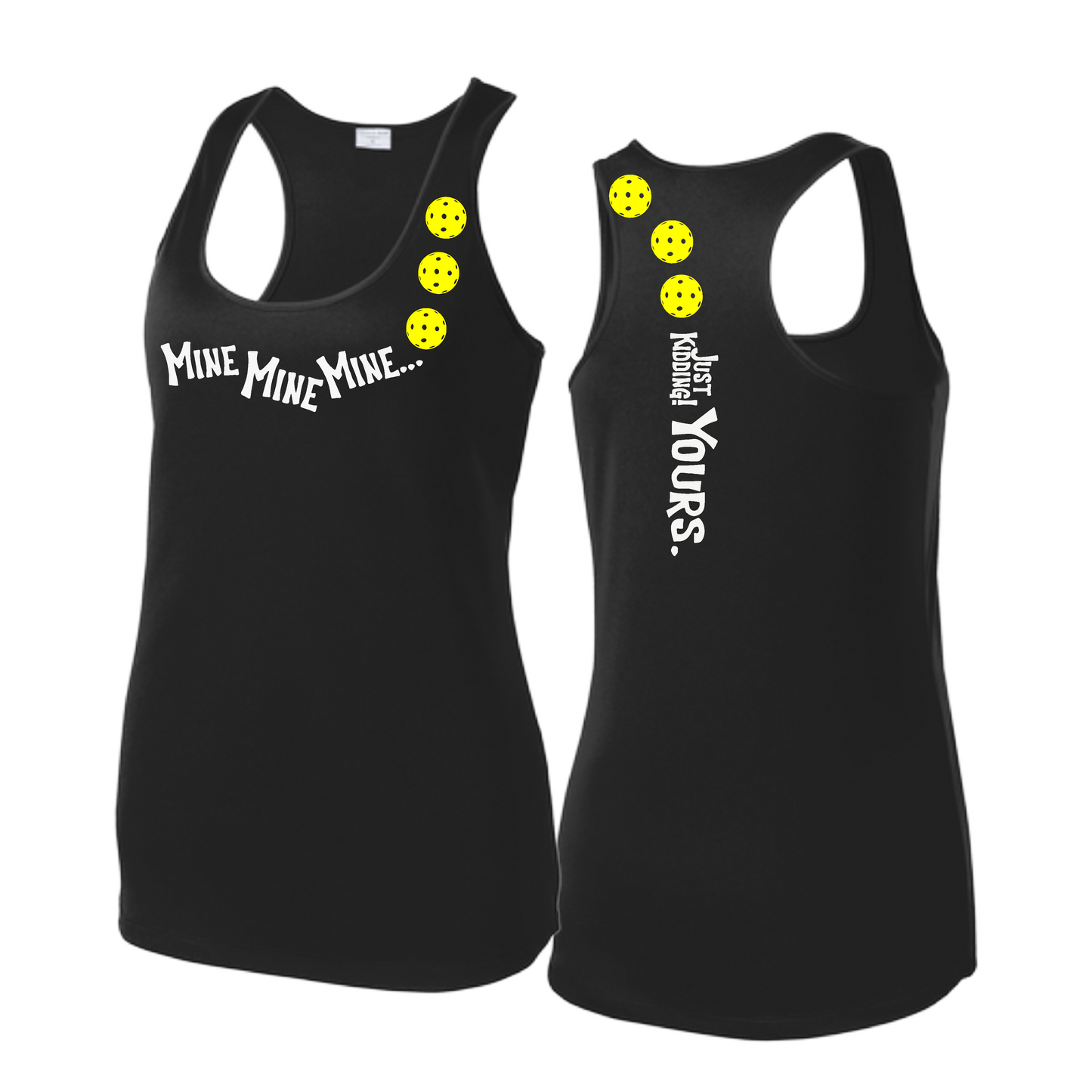 Mine JK Yours (Pickleballs Red White Yellow) | Women's Racerback Pickleball Tank | 100% Polyester