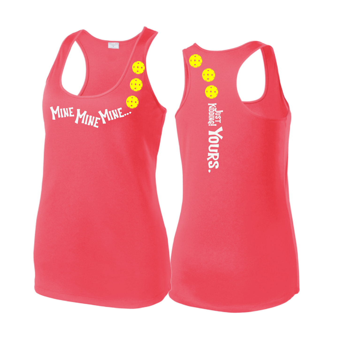 Mine JK Yours (Pickleballs Red White Yellow) | Women's Racerback Pickleball Tank | 100% Polyester