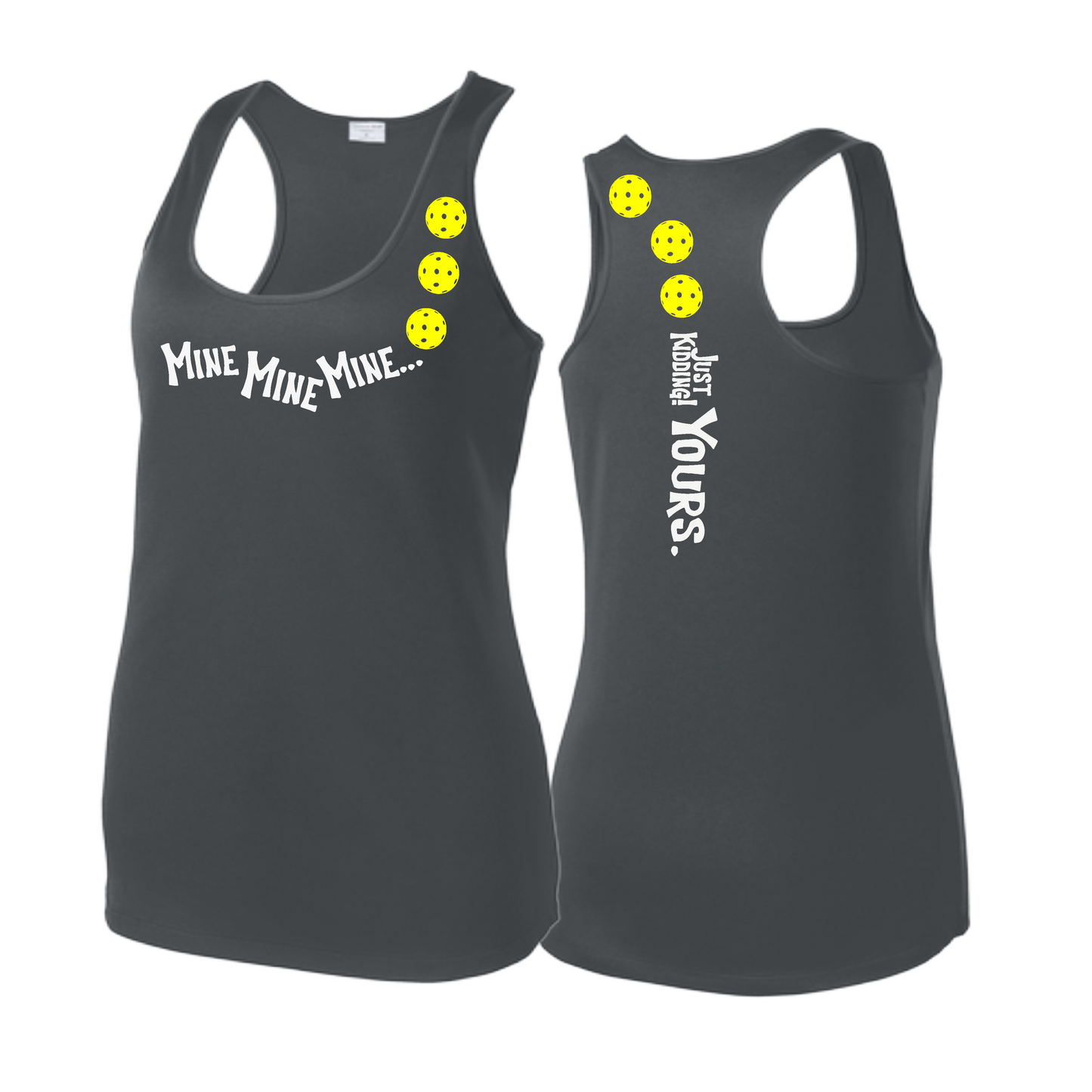 Mine JK Yours (Pickleballs Red White Yellow) | Women's Racerback Pickleball Tank | 100% Polyester