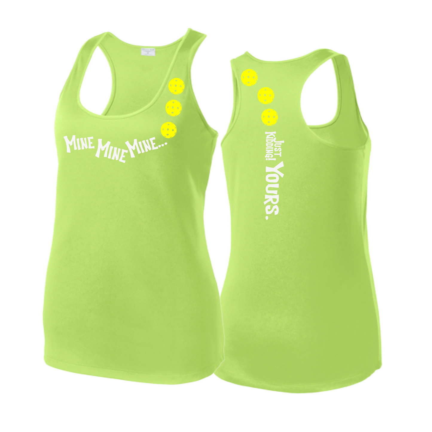 Mine JK Yours (Pickleballs Red White Yellow) | Women's Racerback Pickleball Tank | 100% Polyester