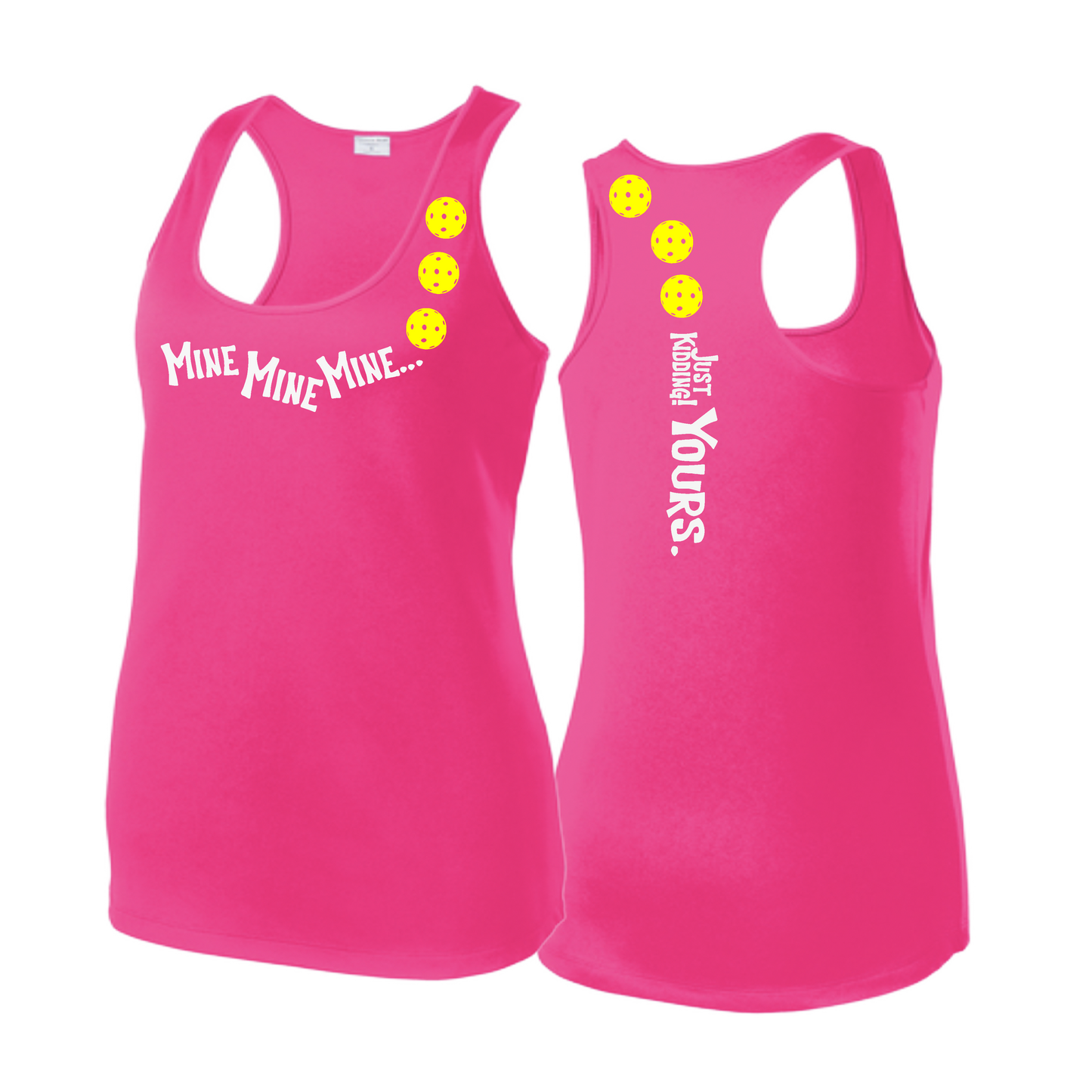 Mine JK Yours (Pickleballs Red White Yellow) | Women's Racerback Pickleball Tank | 100% Polyester