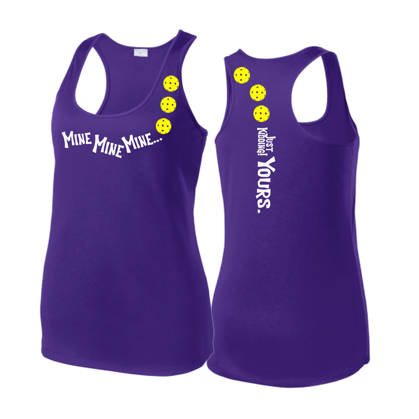 Mine JK Yours (Pickleballs Red White Yellow) | Women's Racerback Pickleball Tank | 100% Polyester