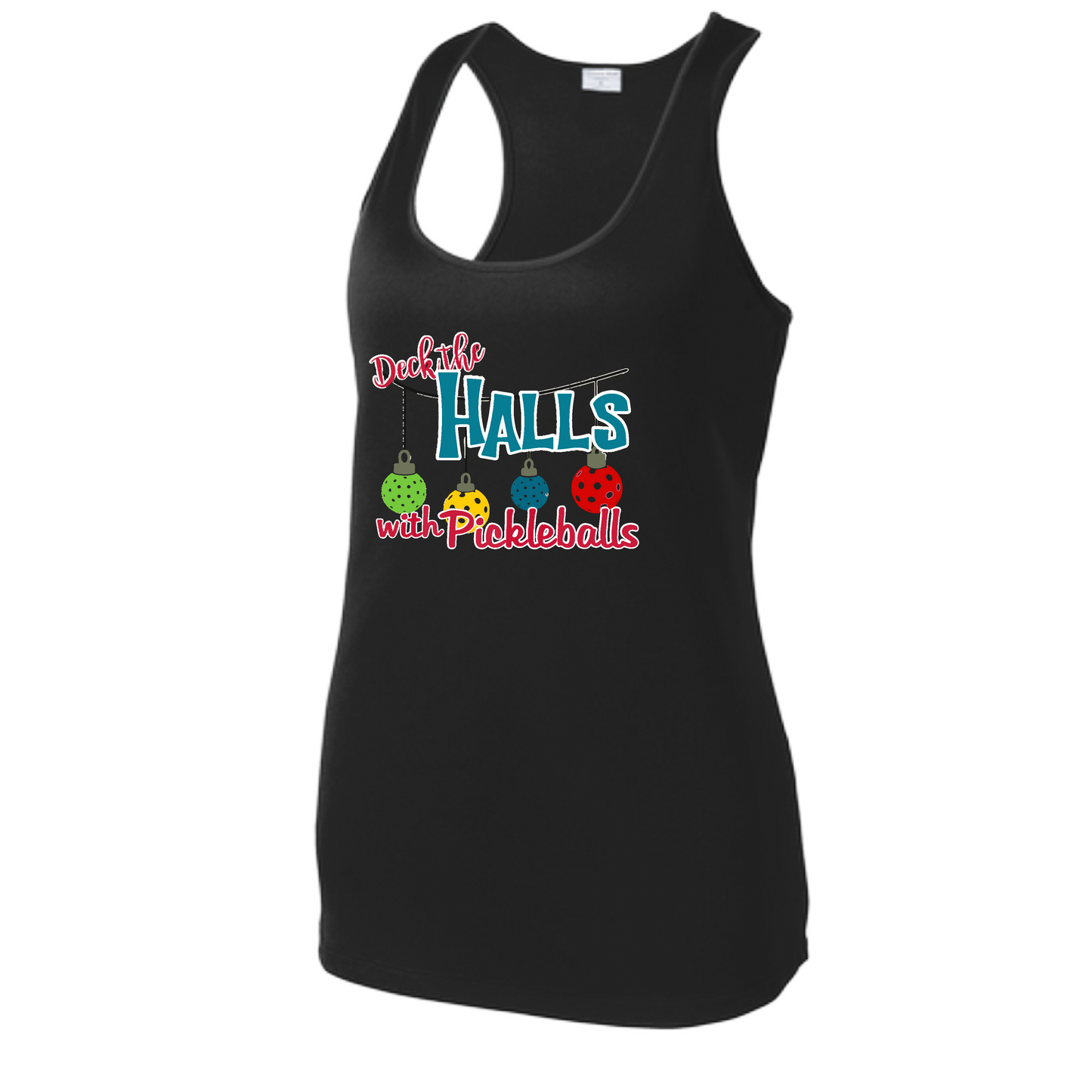 Deck the Halls with Pickleballs | Women's Racerback Pickleball Tank | 100% Polyester