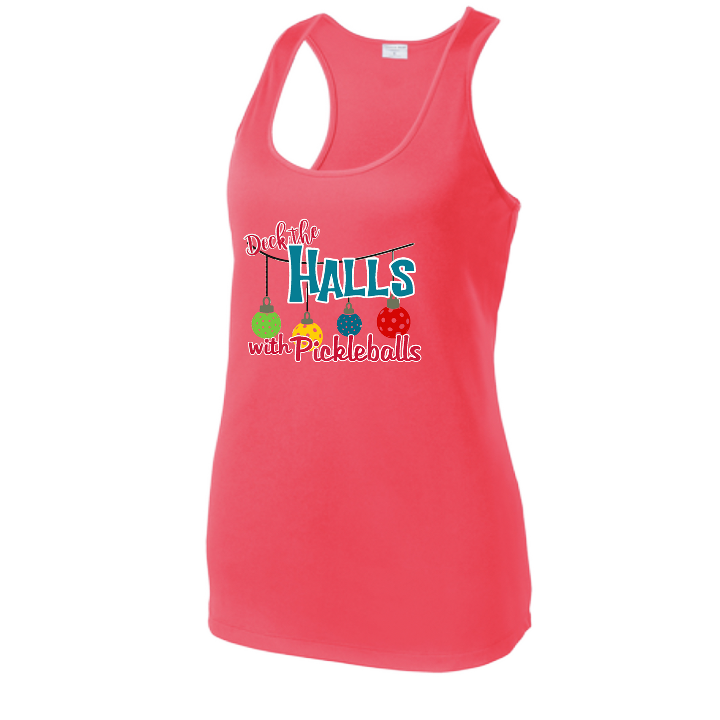 Deck the Halls with Pickleballs | Women's Racerback Pickleball Tank | 100% Polyester