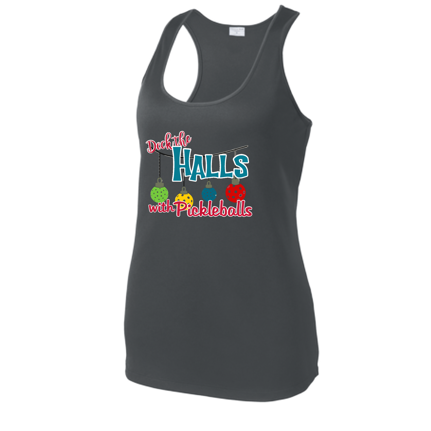 Deck the Halls with Pickleballs | Women's Racerback Pickleball Tank | 100% Polyester