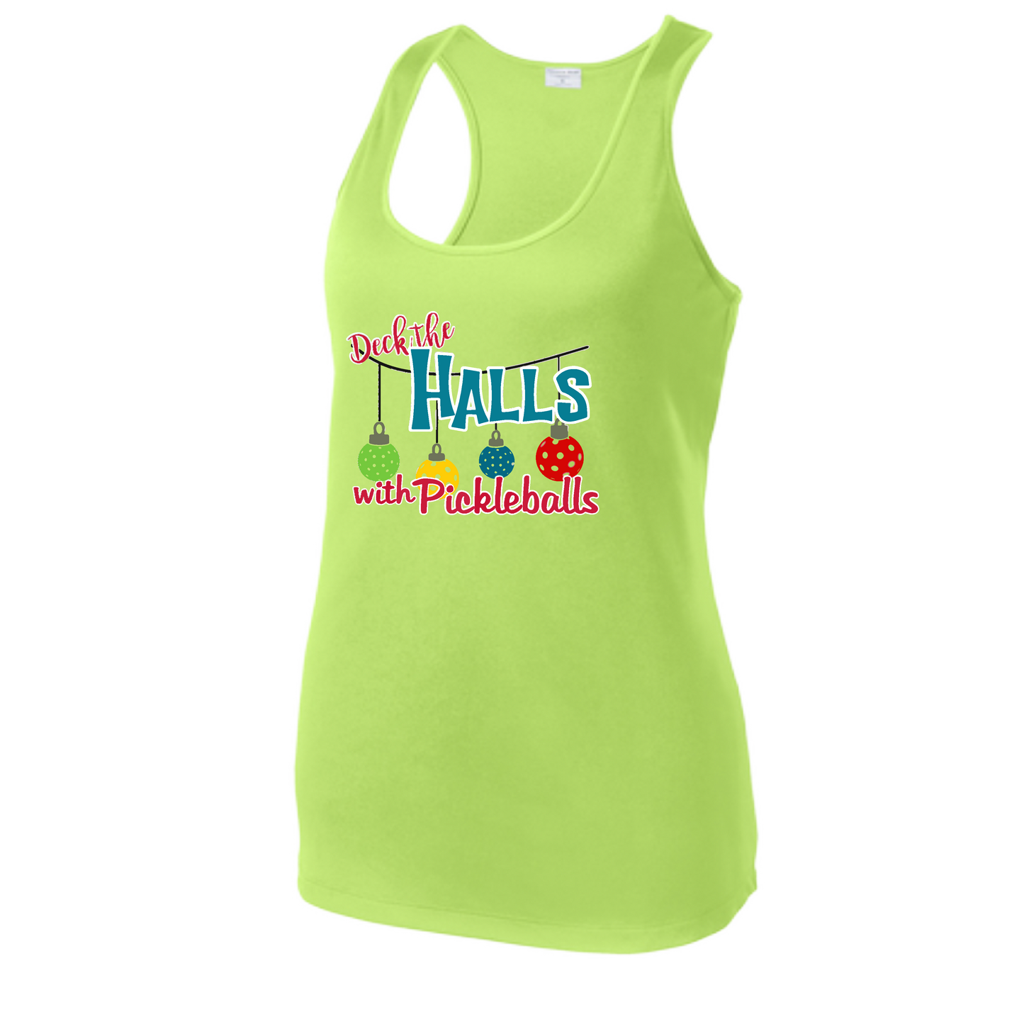 Deck the Halls with Pickleballs | Women's Racerback Pickleball Tank | 100% Polyester