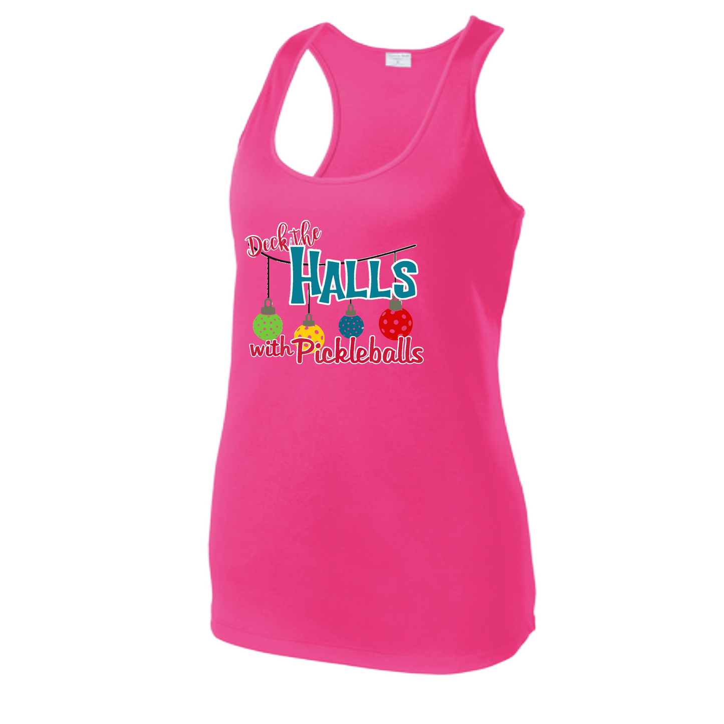 Deck the Halls with Pickleballs | Women's Racerback Pickleball Tank | 100% Polyester