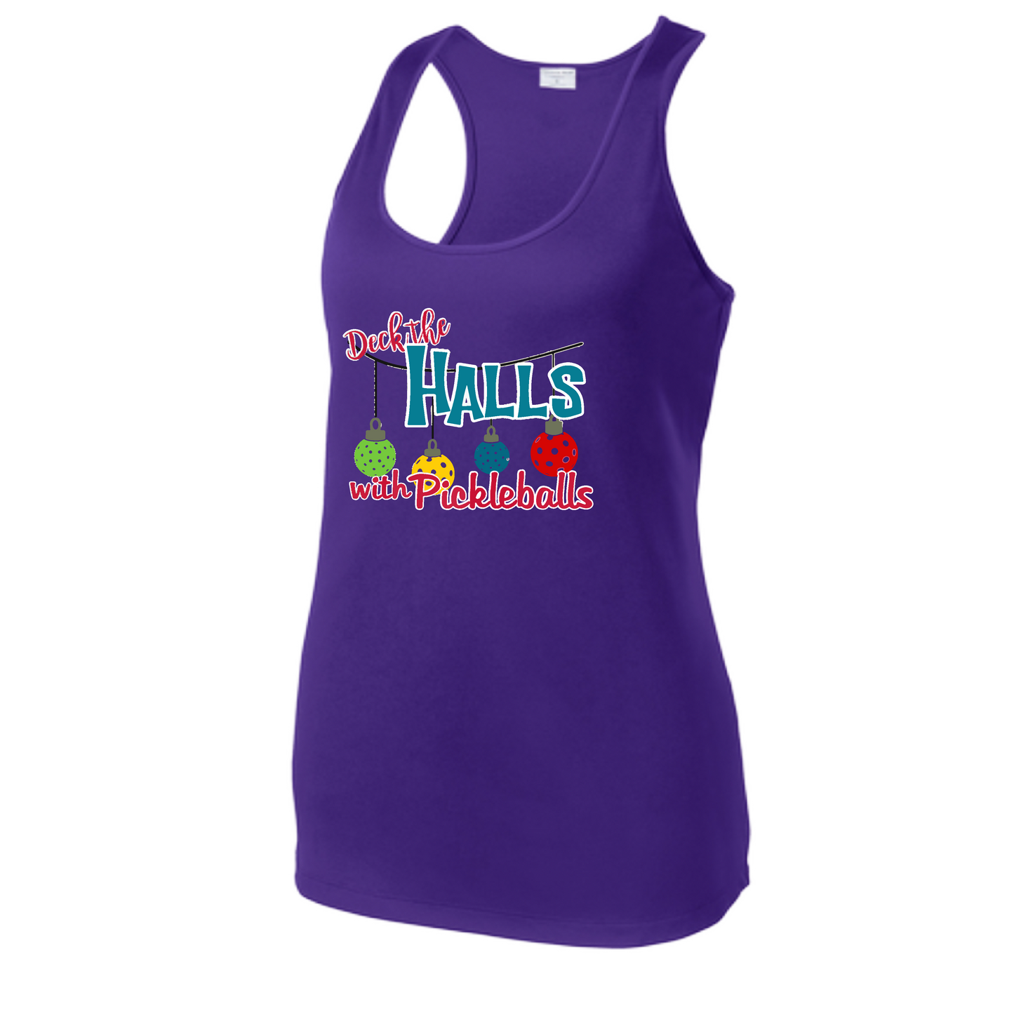 Deck the Halls with Pickleballs | Women's Racerback Pickleball Tank | 100% Polyester