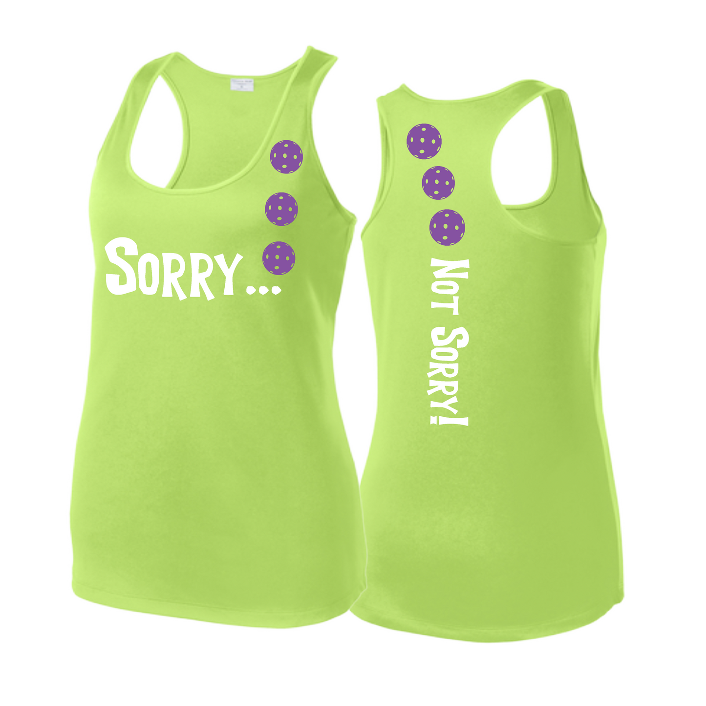 Sorry Not Sorry (Pickleballs Pink Purple Rainbow) | Women's Racerback Pickleball Tank | 100% Polyester