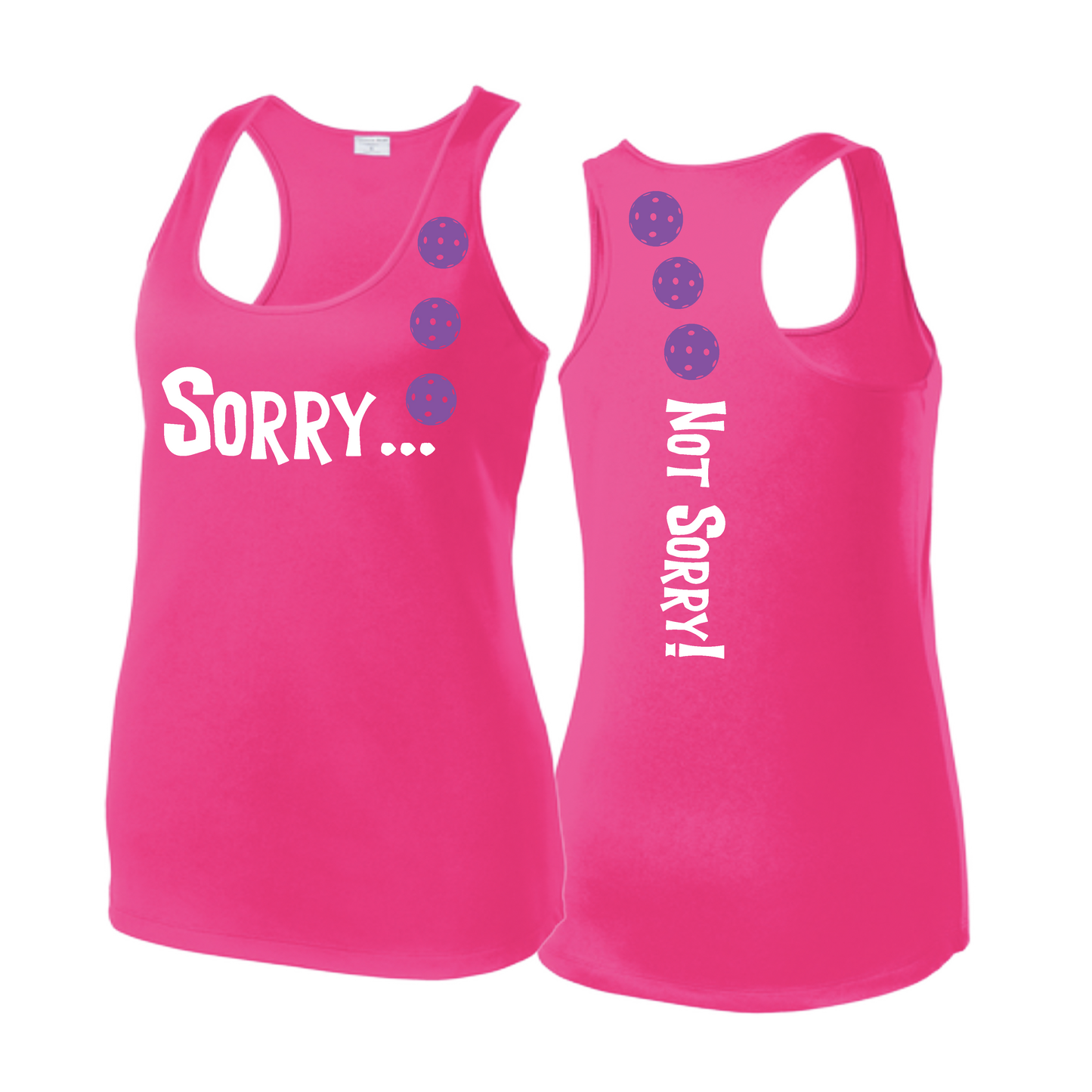 Sorry Not Sorry (Pickleballs Pink Purple Rainbow) | Women's Racerback Pickleball Tank | 100% Polyester