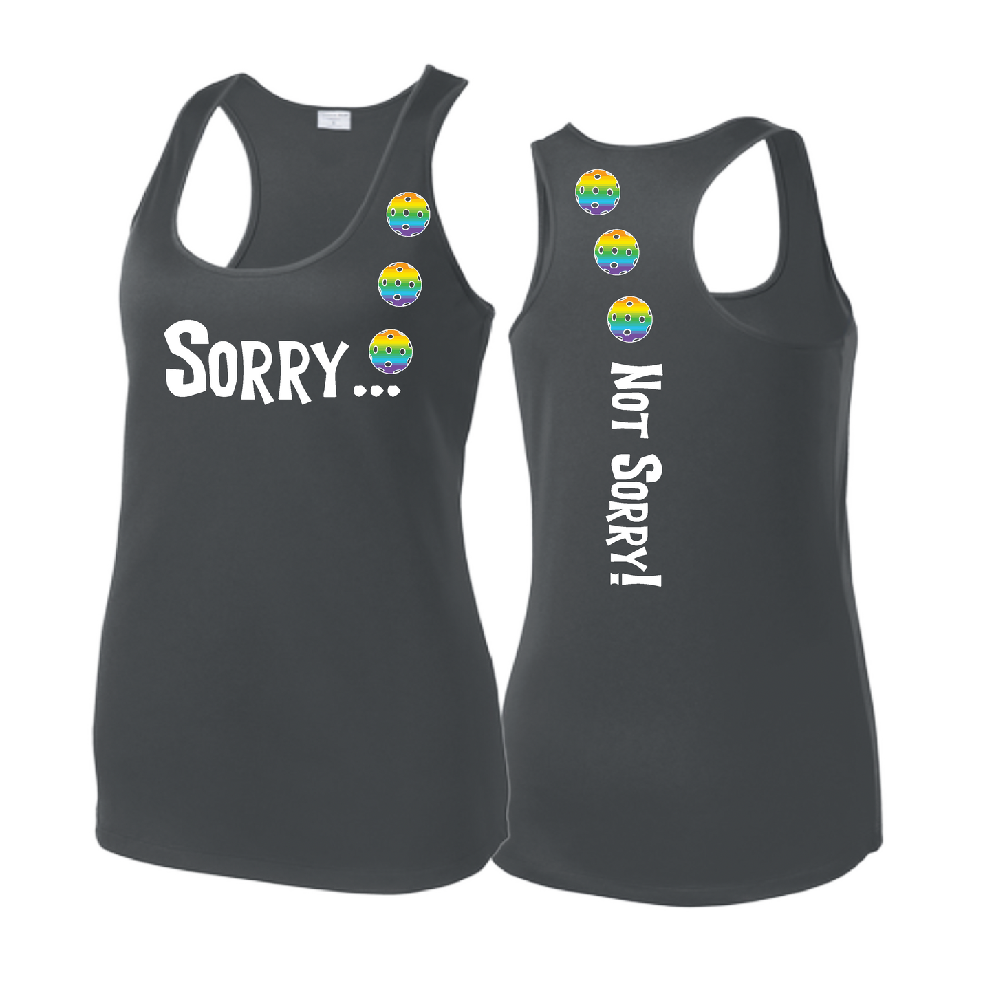 Sorry Not Sorry (Pickleballs Pink Purple Rainbow) | Women's Racerback Pickleball Tank | 100% Polyester