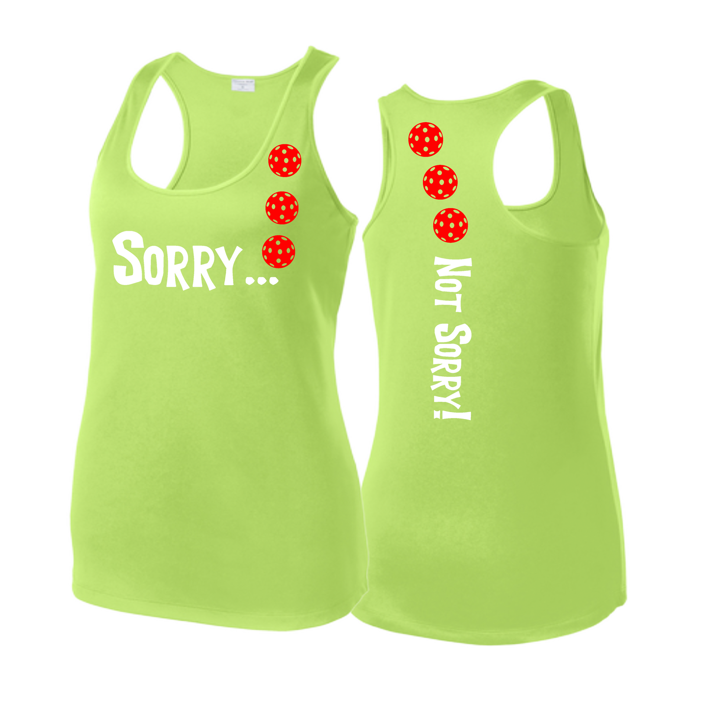 Sorry Not Sorry (Pickleballs Red White Yellow) | Women's Racerback Pickleball Tank | 100% Polyester