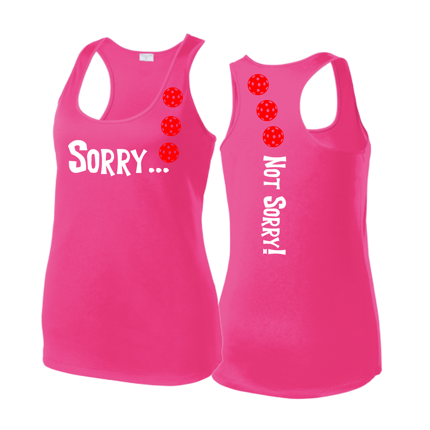 Sorry Not Sorry (Pickleballs Red White Yellow) | Women's Racerback Pickleball Tank | 100% Polyester