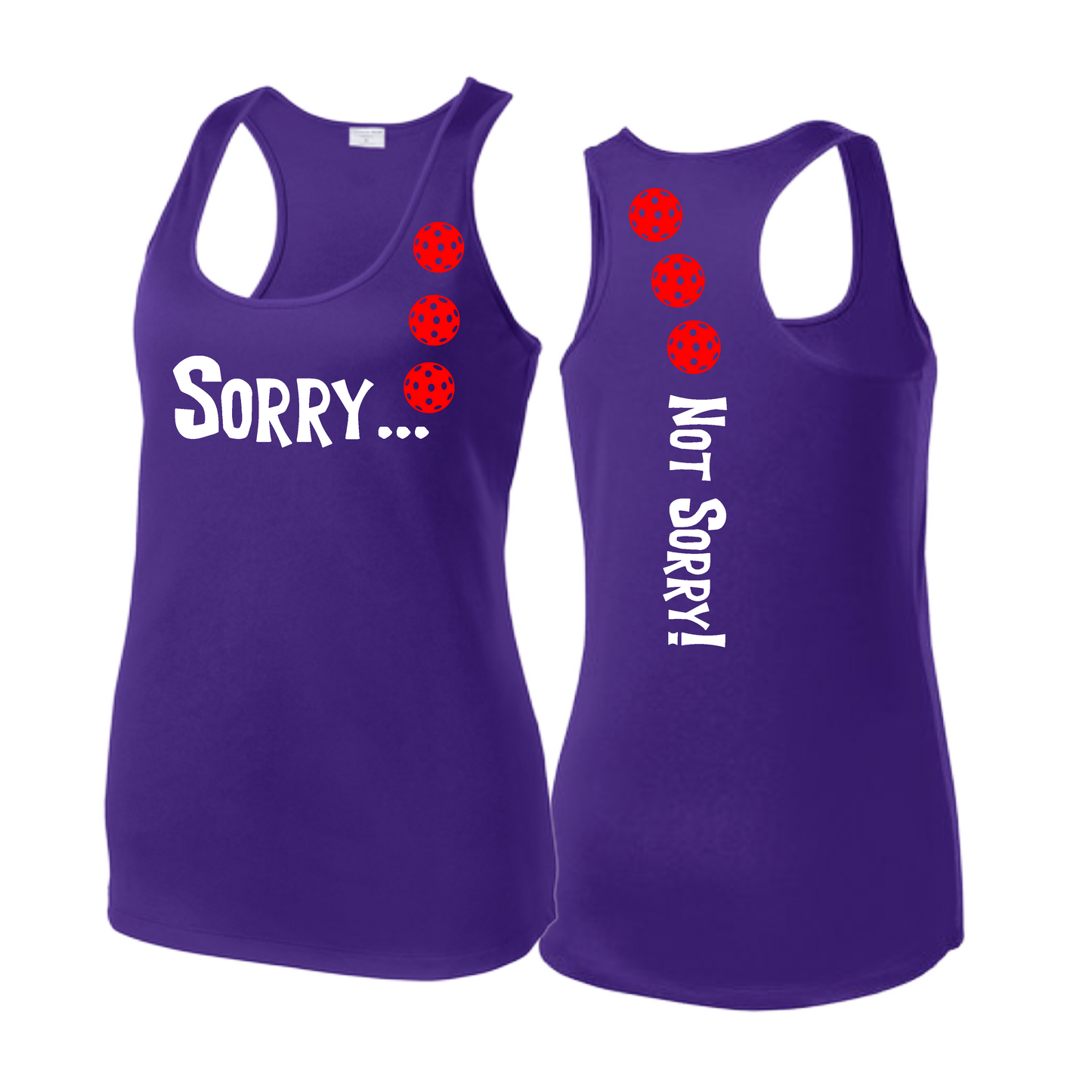 Sorry Not Sorry (Pickleballs Red White Yellow) | Women's Racerback Pickleball Tank | 100% Polyester