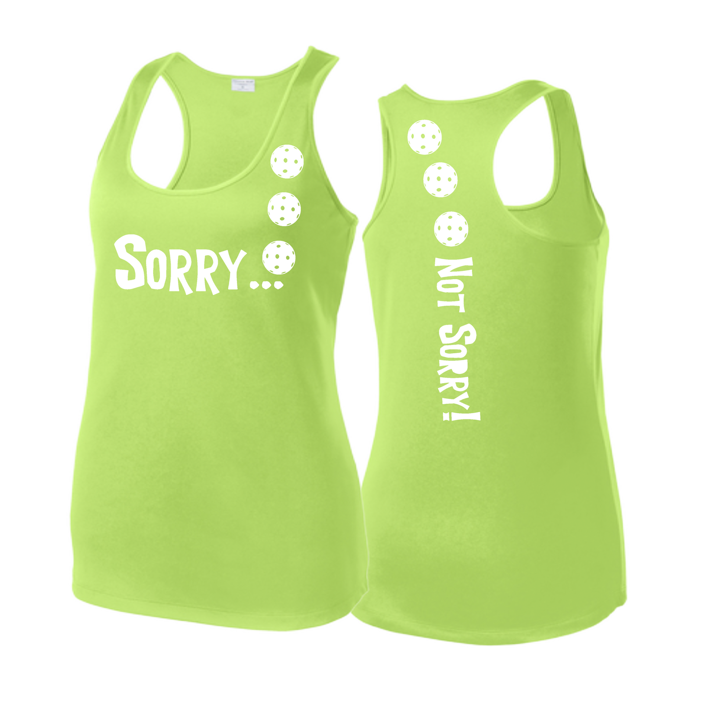 Sorry Not Sorry (Pickleballs Red White Yellow) | Women's Racerback Pickleball Tank | 100% Polyester