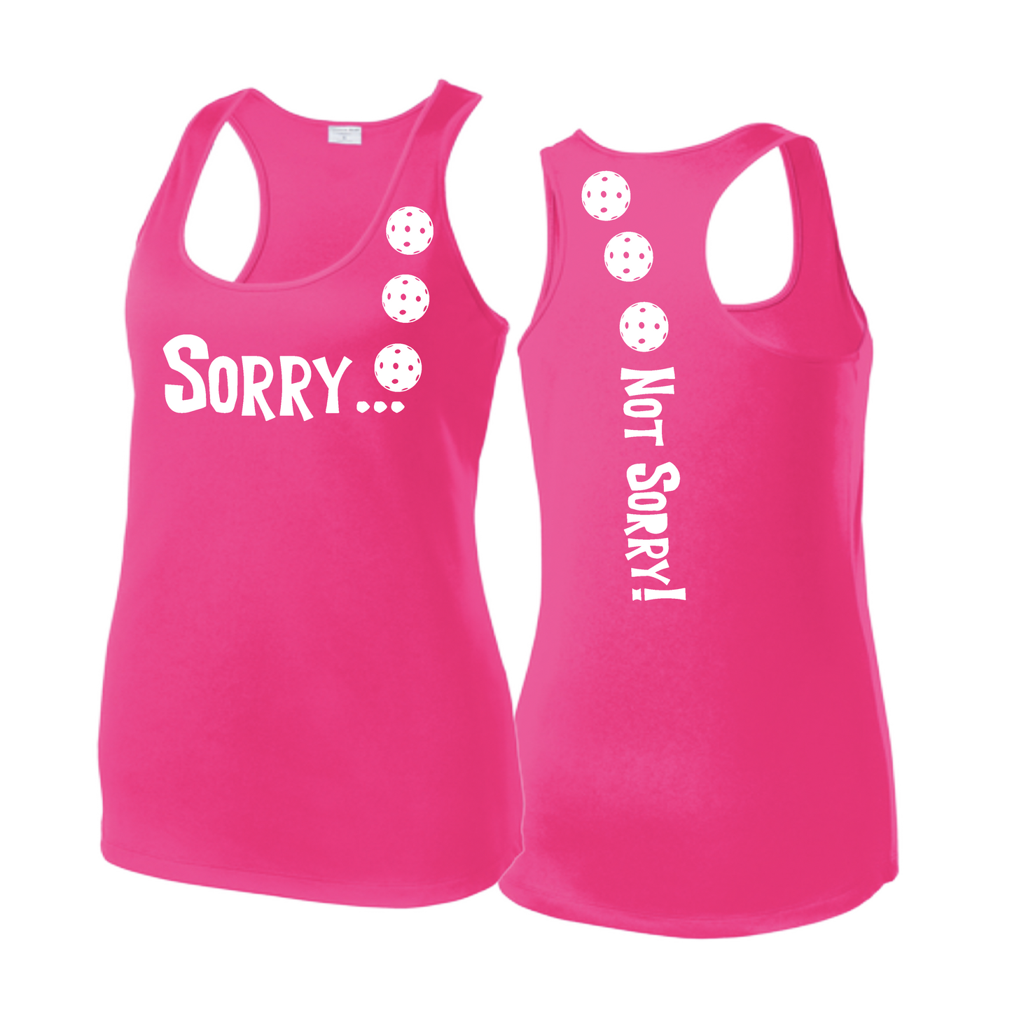 Sorry Not Sorry (Pickleballs Red White Yellow) | Women's Racerback Pickleball Tank | 100% Polyester