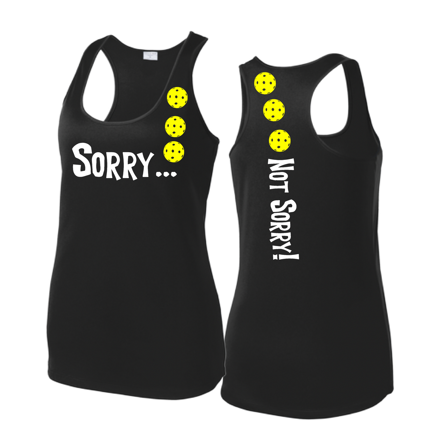 Sorry Not Sorry (Pickleballs Red White Yellow) | Women's Racerback Pickleball Tank | 100% Polyester