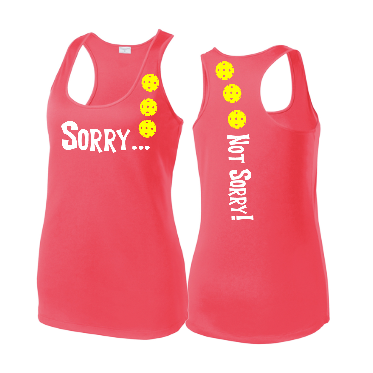 Sorry Not Sorry (Pickleballs Red White Yellow) | Women's Racerback Pickleball Tank | 100% Polyester