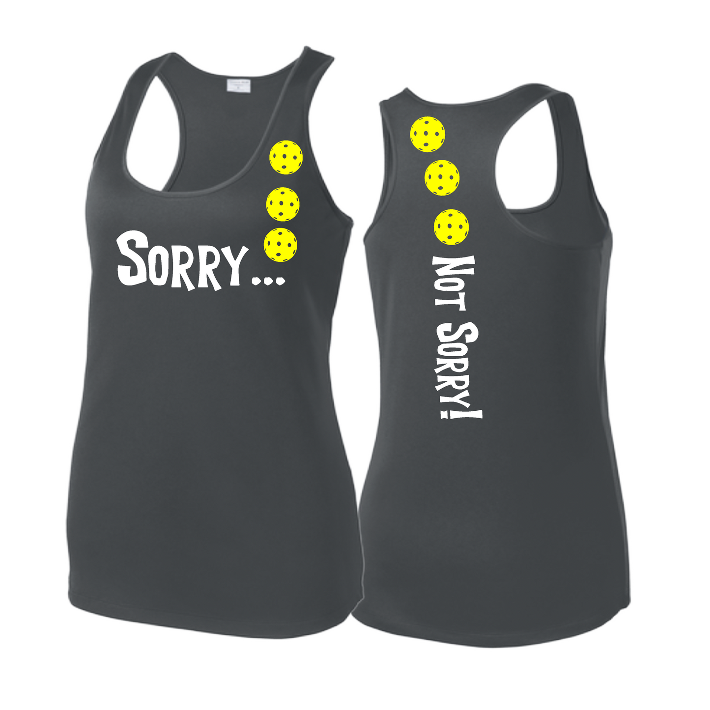 Sorry Not Sorry (Pickleballs Red White Yellow) | Women's Racerback Pickleball Tank | 100% Polyester