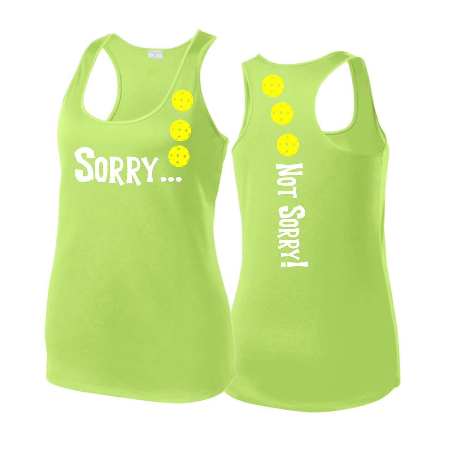 Sorry Not Sorry (Pickleballs Red White Yellow) | Women's Racerback Pickleball Tank | 100% Polyester