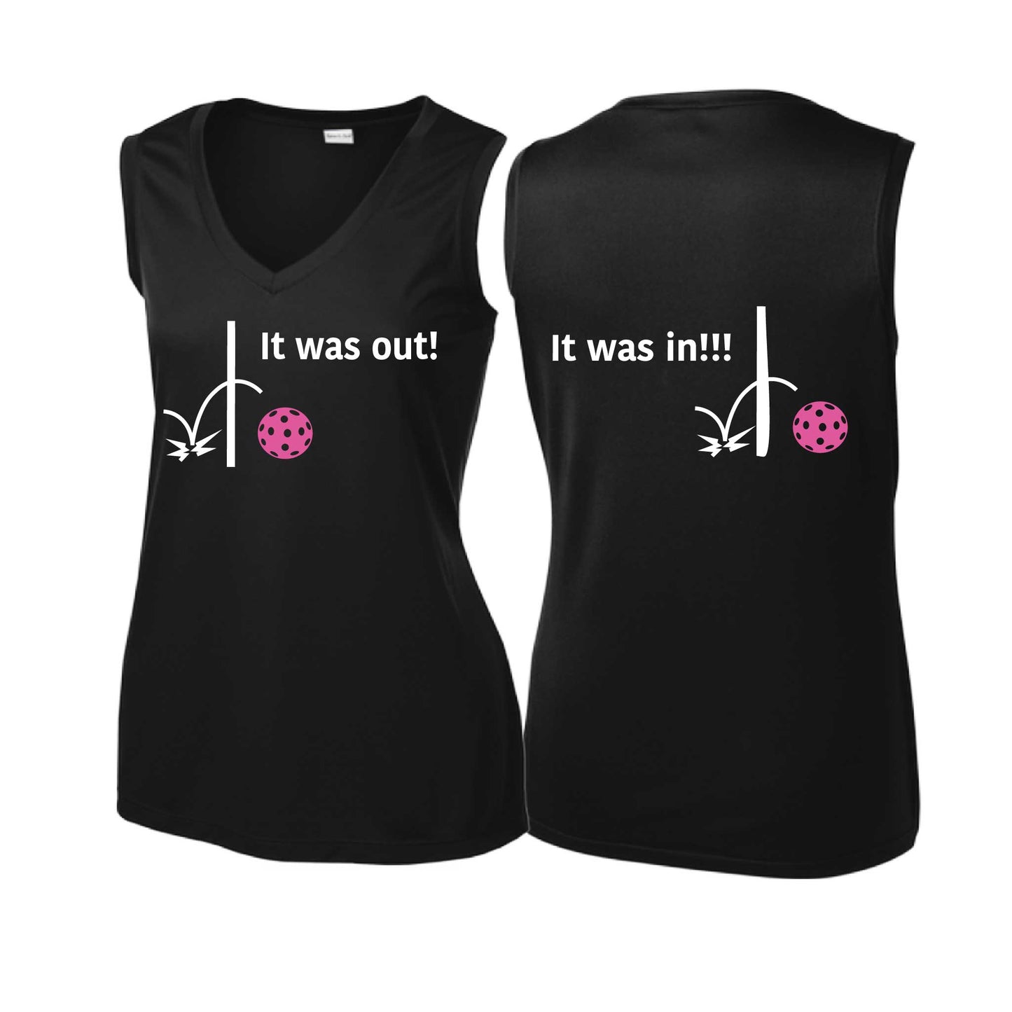 It Was Out! It Was In! (Pickleballs Pink Purple Rainbow) | Women’s Sleeveless Athletic Performance T-Shirt | 100% Polyester