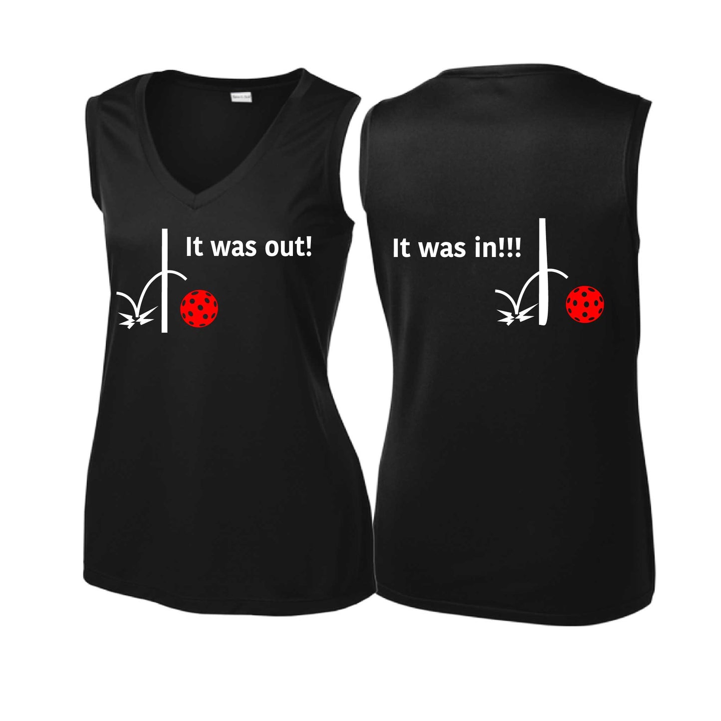 It Was Out! It Was In! (Pickleballs Red White Yellow) | Women’s Sleeveless Athletic Performance T-Shirt | 100% Polyester