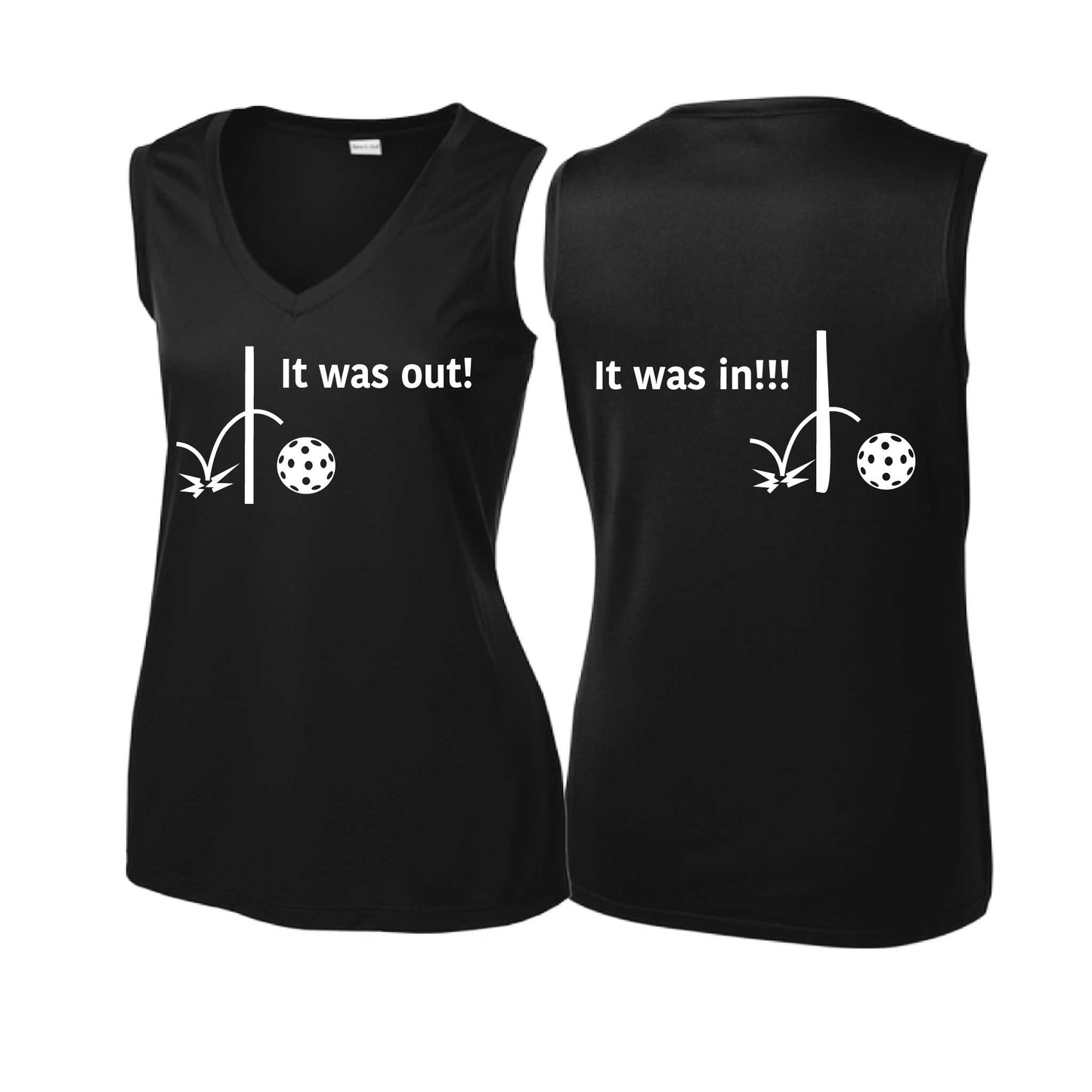 It Was Out! It Was In! (Pickleballs Red White Yellow) | Women’s Sleeveless Athletic Performance T-Shirt | 100% Polyester