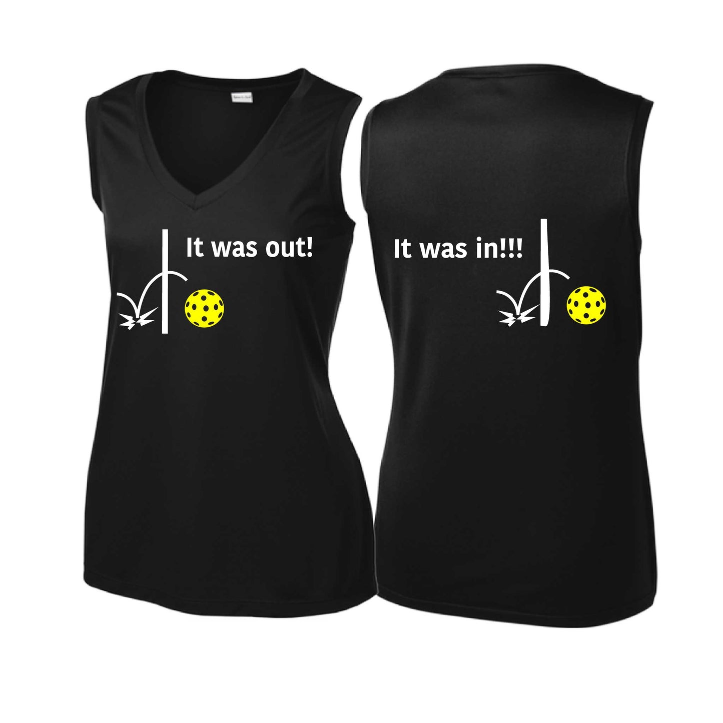 It Was Out! It Was In! (Pickleballs Red White Yellow) | Women’s Sleeveless Athletic Performance T-Shirt | 100% Polyester