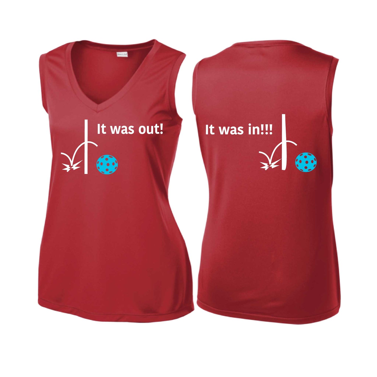 It Was Out! It Was In! (Pickleballs Cyan Green Orange) | Women’s Sleeveless Athletic Performance T-Shirt | 100% Polyester